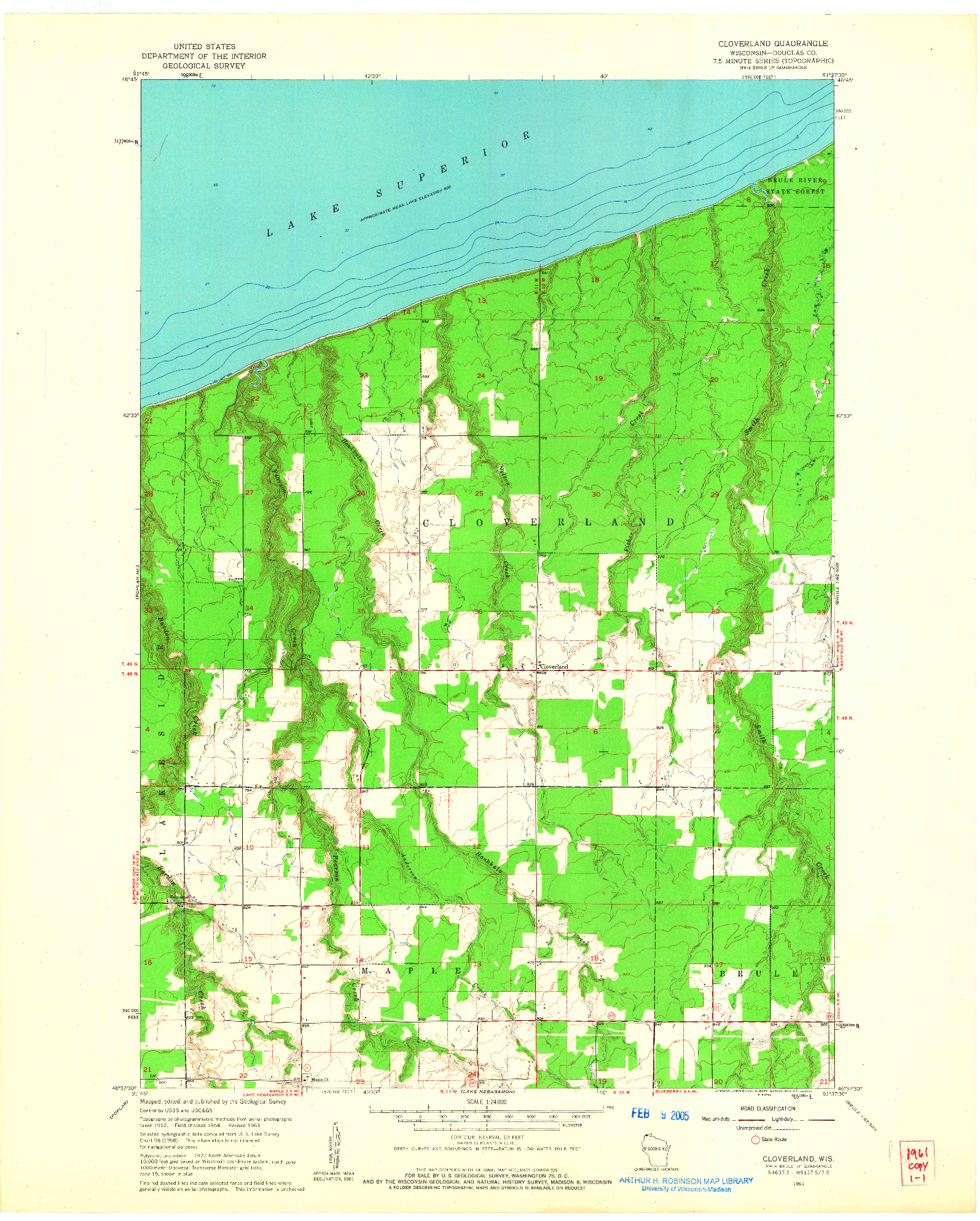 USGS 1:24000-SCALE QUADRANGLE FOR CLOVERLAND, WI 1961