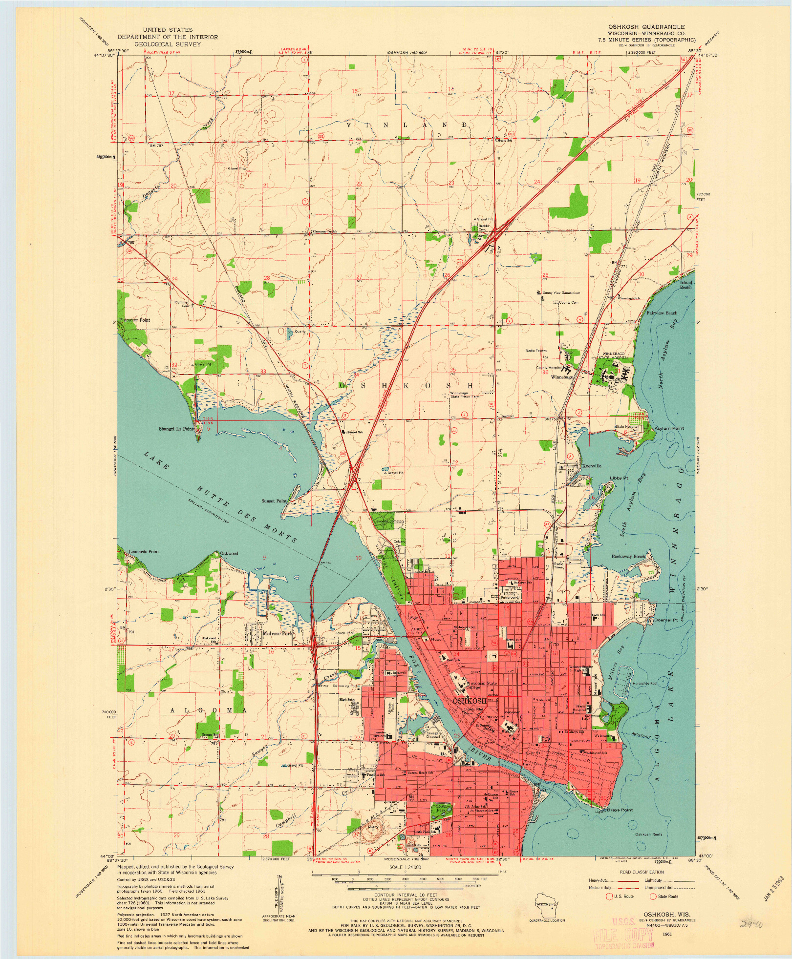 USGS 1:24000-SCALE QUADRANGLE FOR OSHKOSH, WI 1961