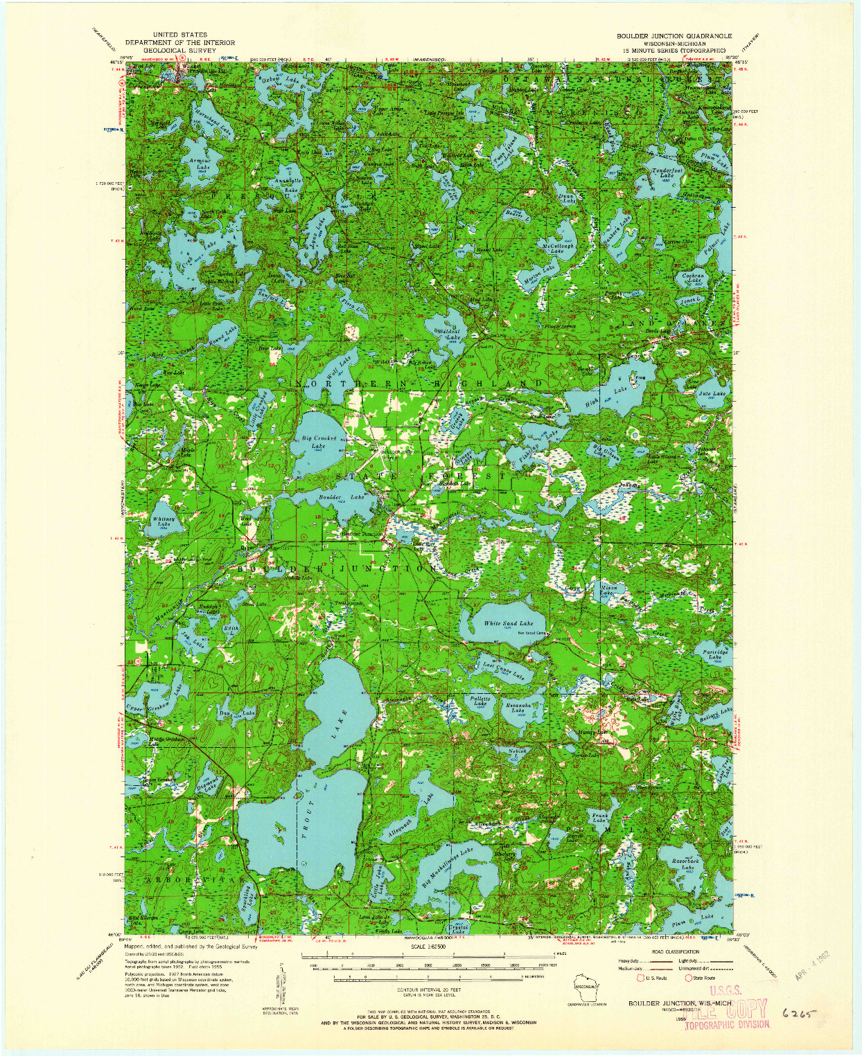 USGS 1:62500-SCALE QUADRANGLE FOR BOULDER JUNCTION, WI 1955