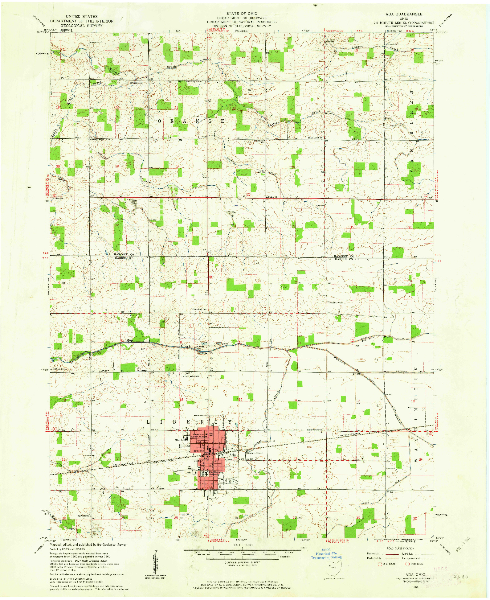 USGS 1:24000-SCALE QUADRANGLE FOR ADA, OH 1961