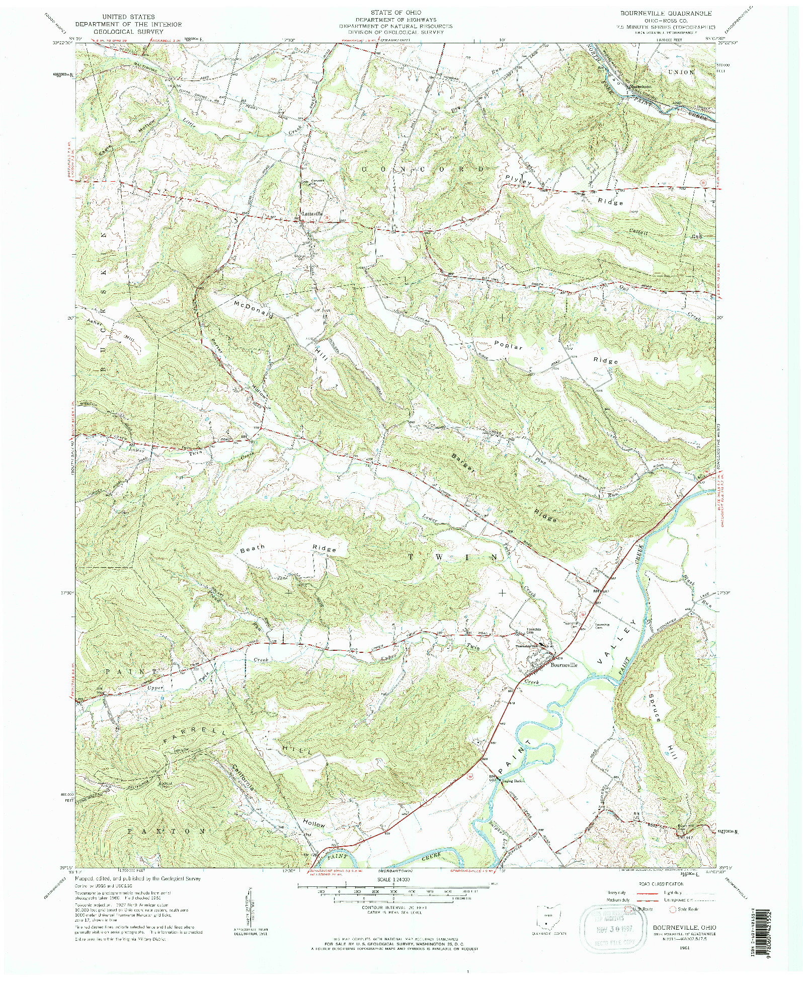 USGS 1:24000-SCALE QUADRANGLE FOR BOURNEVILLE, OH 1961