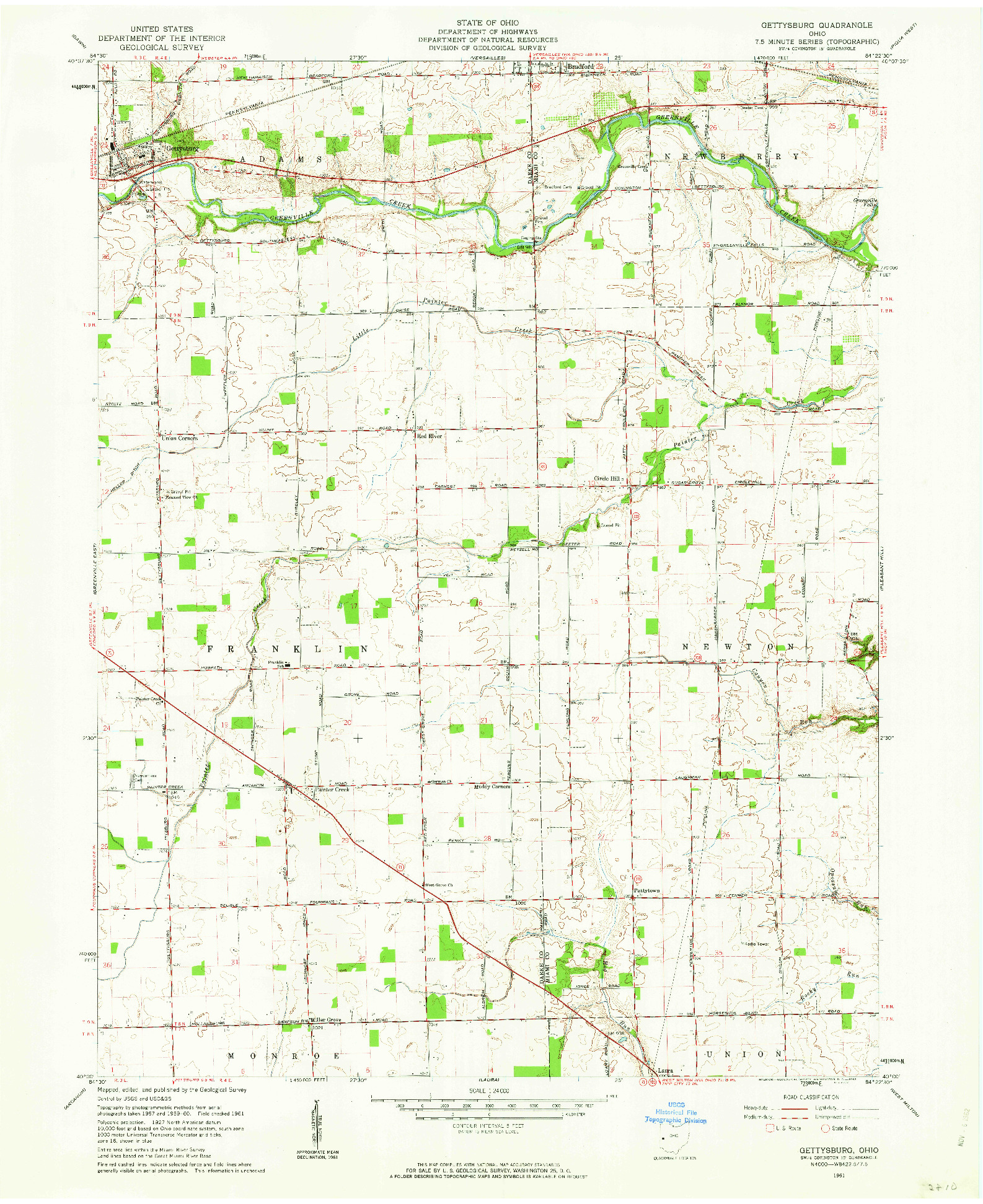 USGS 1:24000-SCALE QUADRANGLE FOR GETTYSBURG, OH 1961