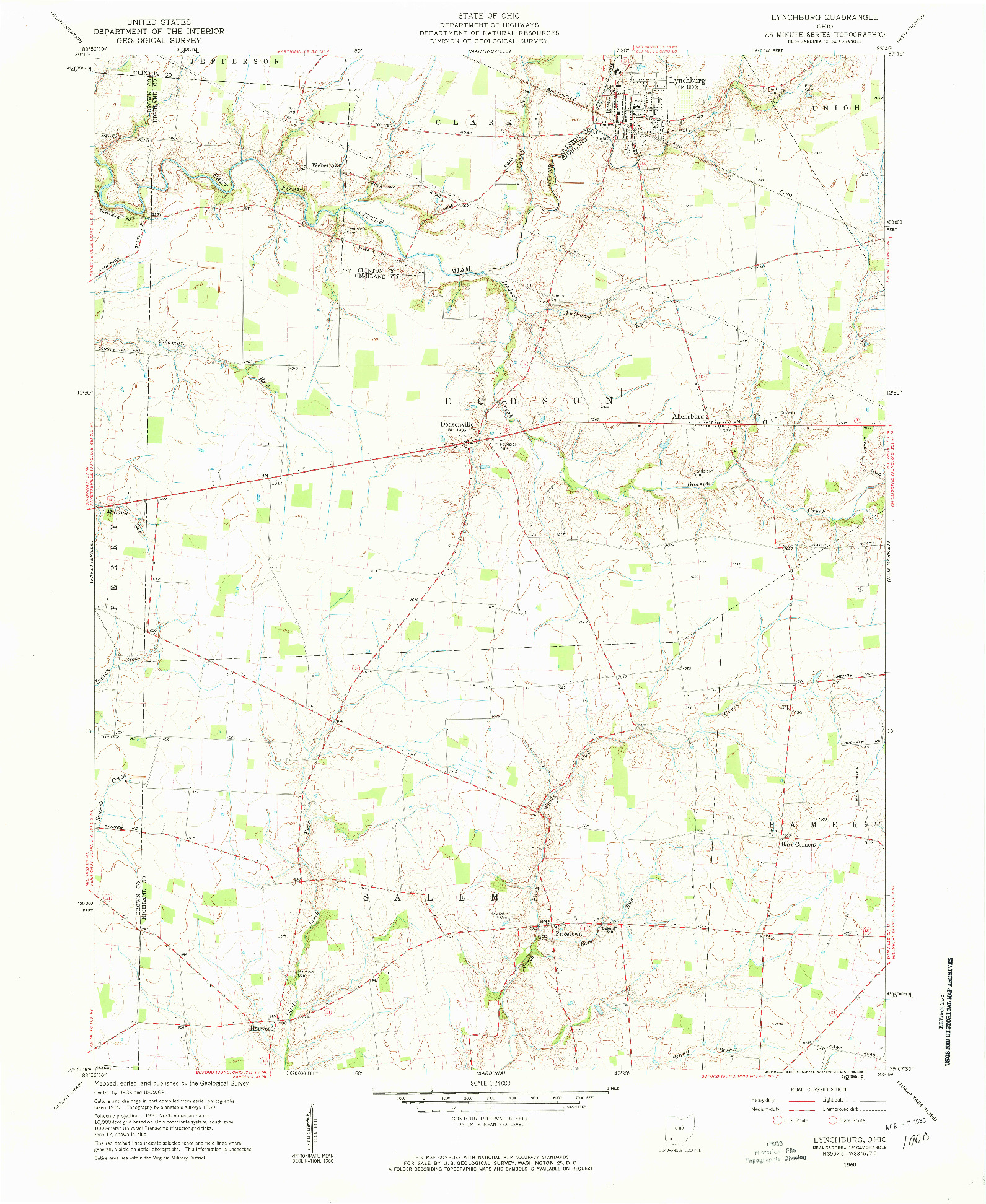 USGS 1:24000-SCALE QUADRANGLE FOR LYNCHBURG, OH 1960