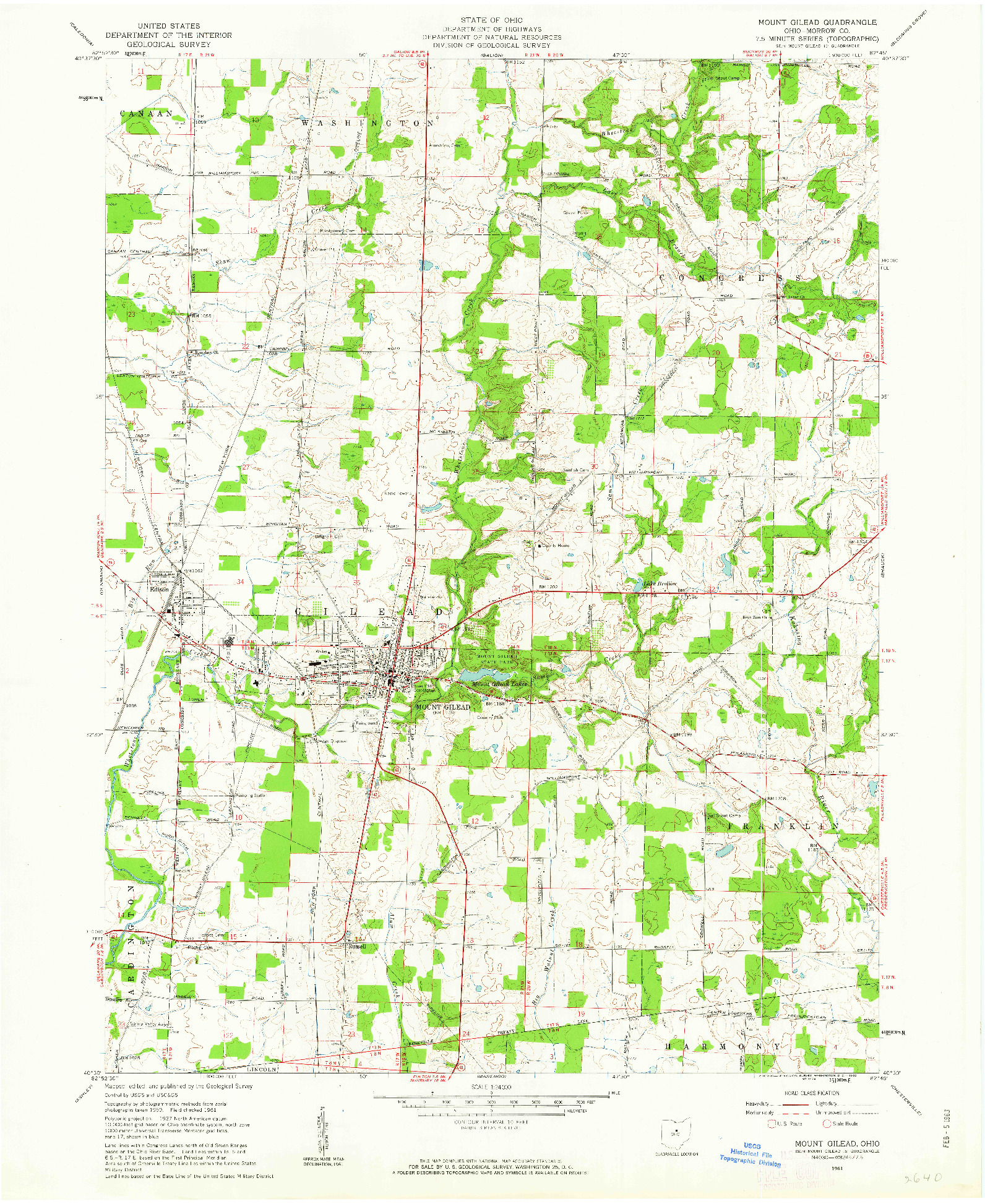 USGS 1:24000-SCALE QUADRANGLE FOR MOUNT GILEAD, OH 1961