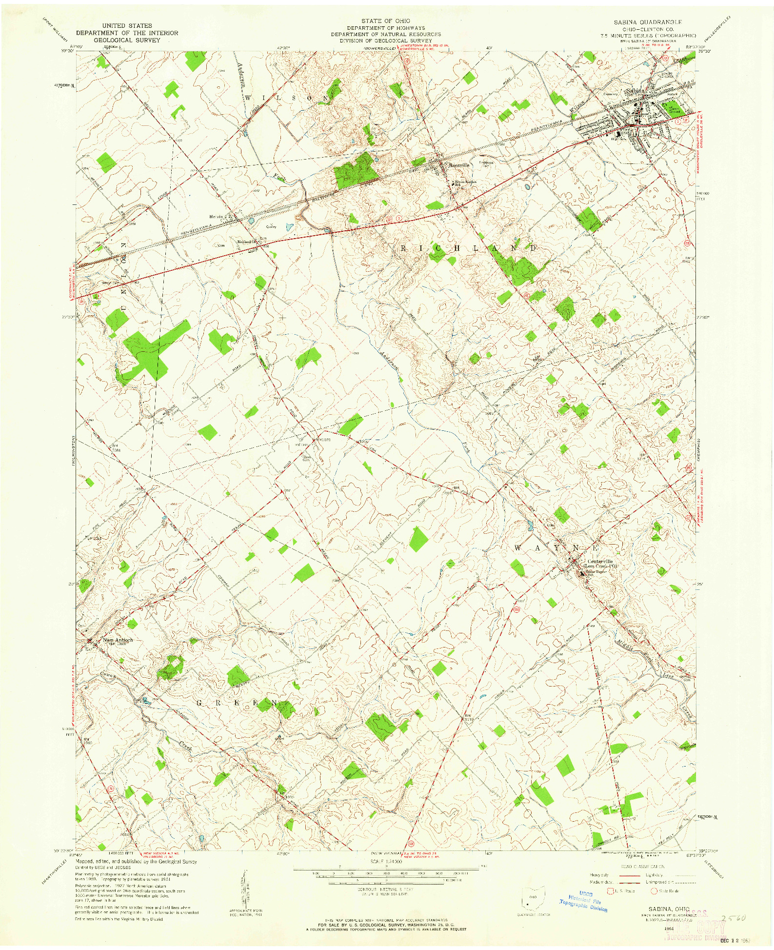 USGS 1:24000-SCALE QUADRANGLE FOR SABINA, OH 1961