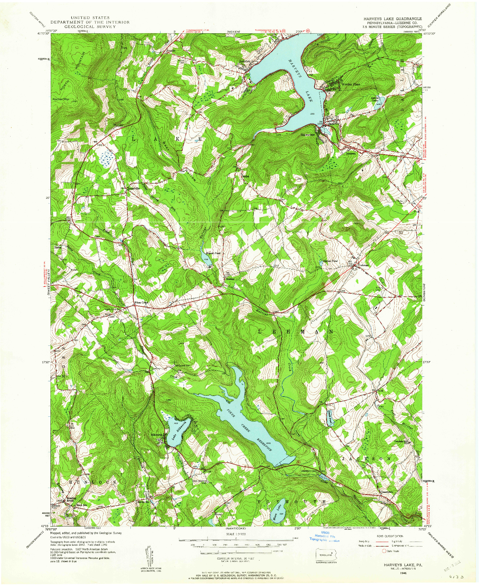 USGS 1:24000-SCALE QUADRANGLE FOR HARVEYS LAKE, PA 1946