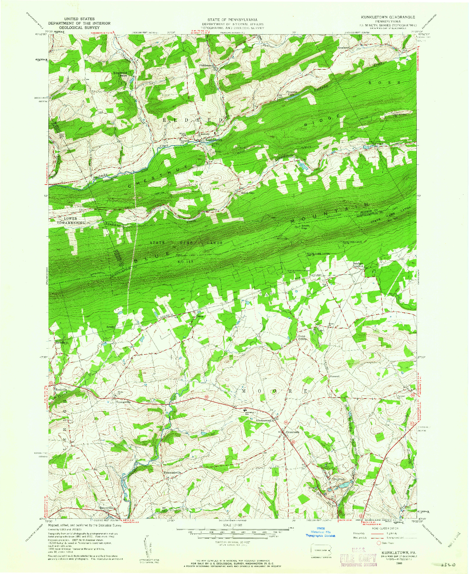 USGS 1:24000-SCALE QUADRANGLE FOR KUNKLETOWN, PA 1960