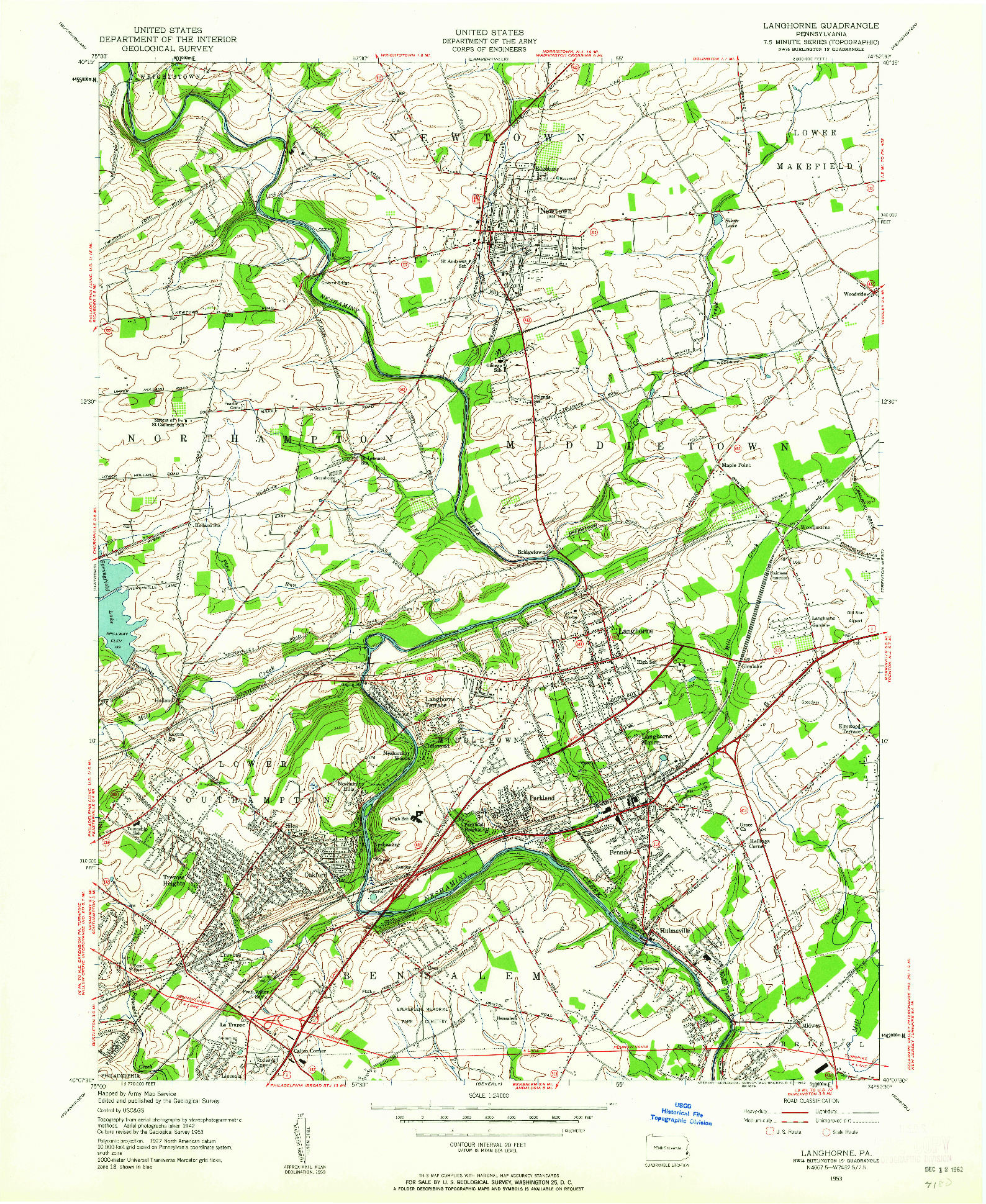 USGS 1:24000-SCALE QUADRANGLE FOR LANGHORNE, PA 1953