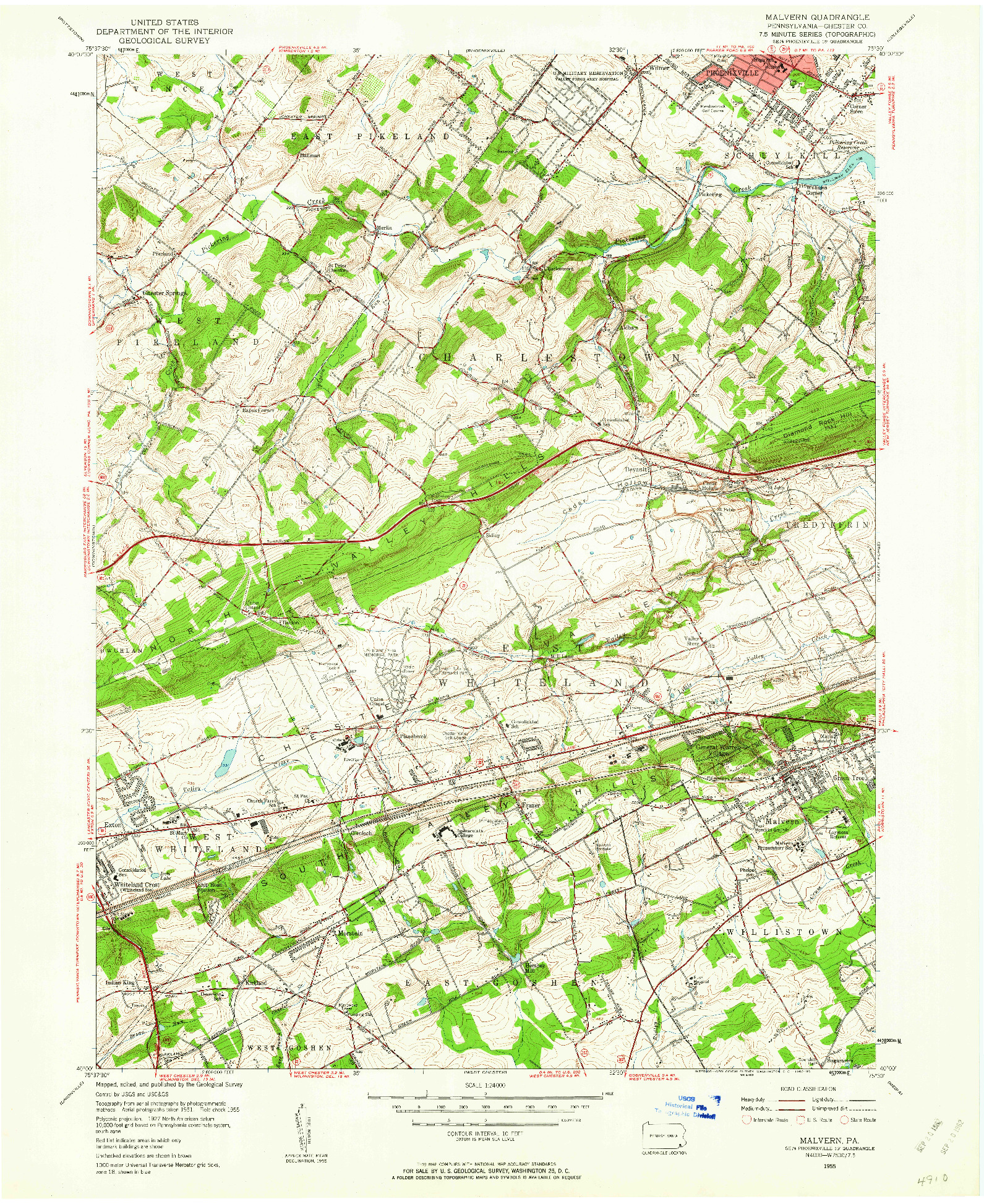 USGS 1:24000-SCALE QUADRANGLE FOR MALVERN, PA 1955