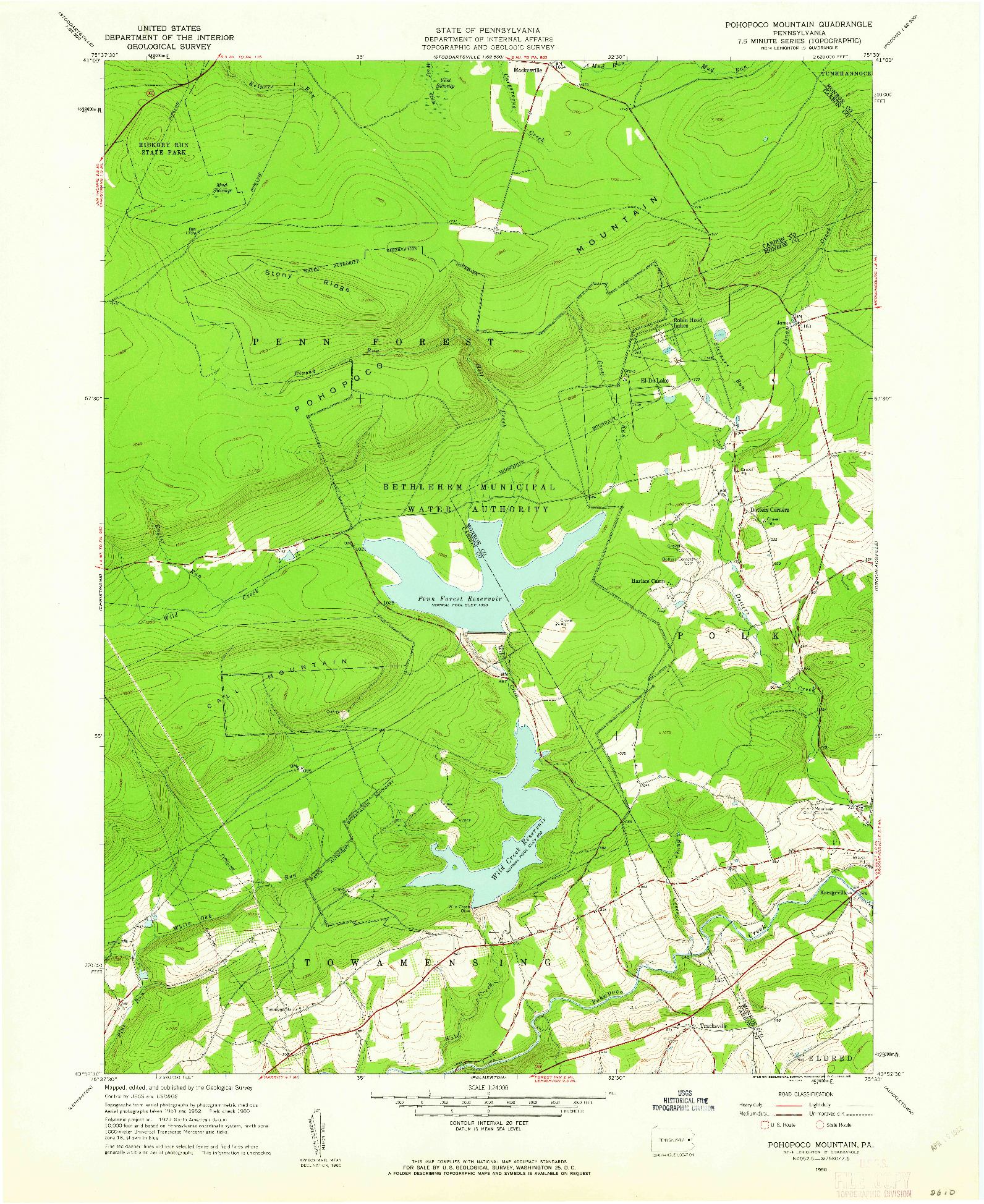 USGS 1:24000-SCALE QUADRANGLE FOR POHOPCO MOUNTAIN, PA 1960
