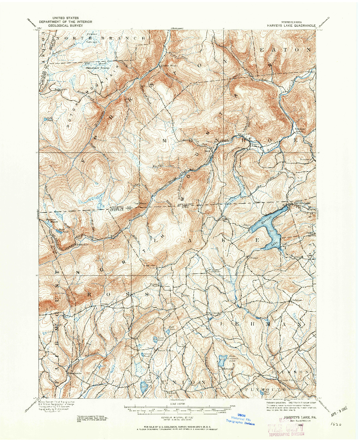 USGS 1:62500-SCALE QUADRANGLE FOR HARVEYS LAKE, PA 1891