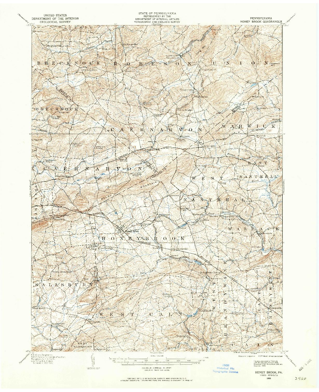 USGS 1:62500-SCALE QUADRANGLE FOR HONEY BROOK, PA 1905