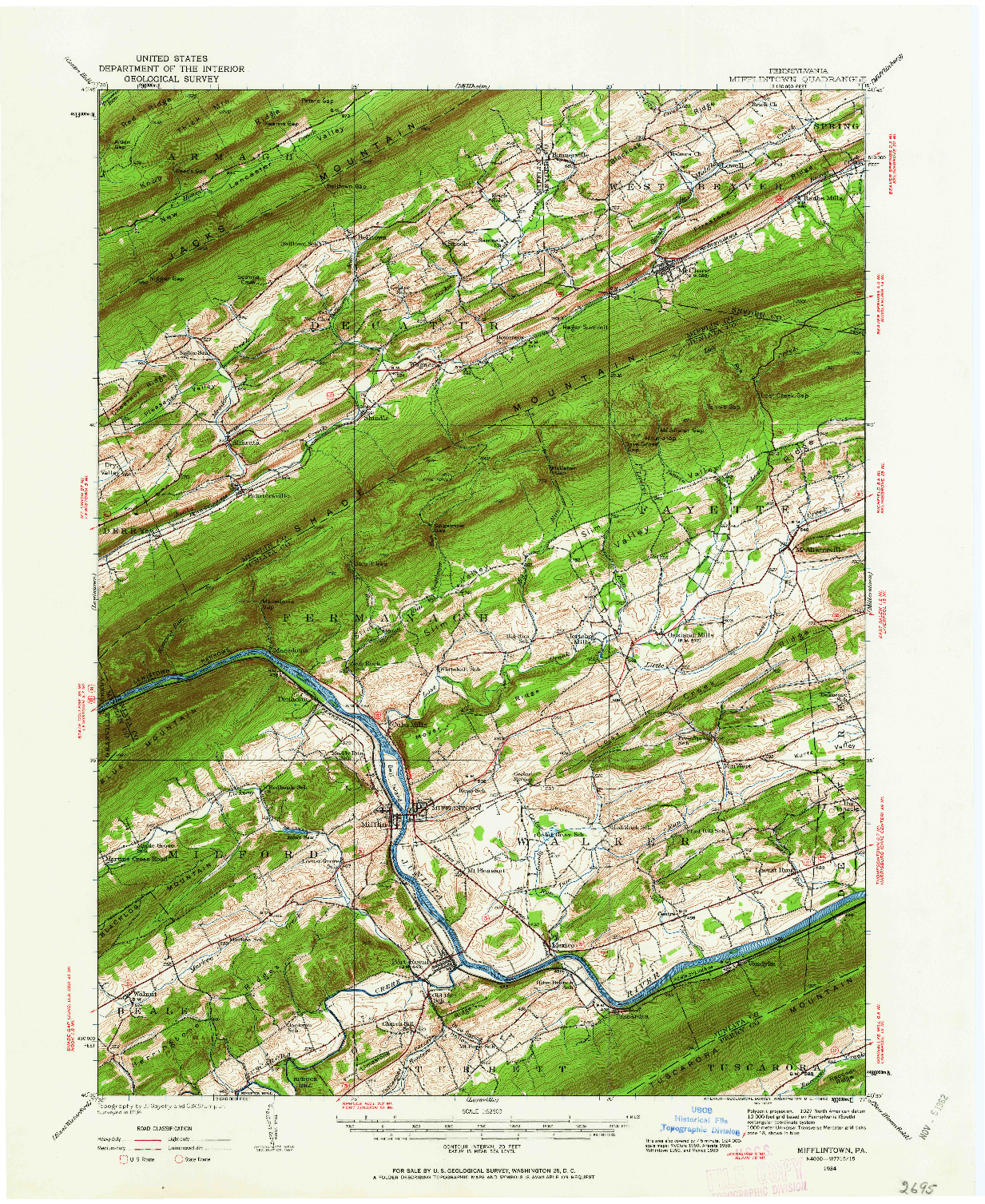 USGS 1:62500-SCALE QUADRANGLE FOR MIFFLINTOWN, PA 1934
