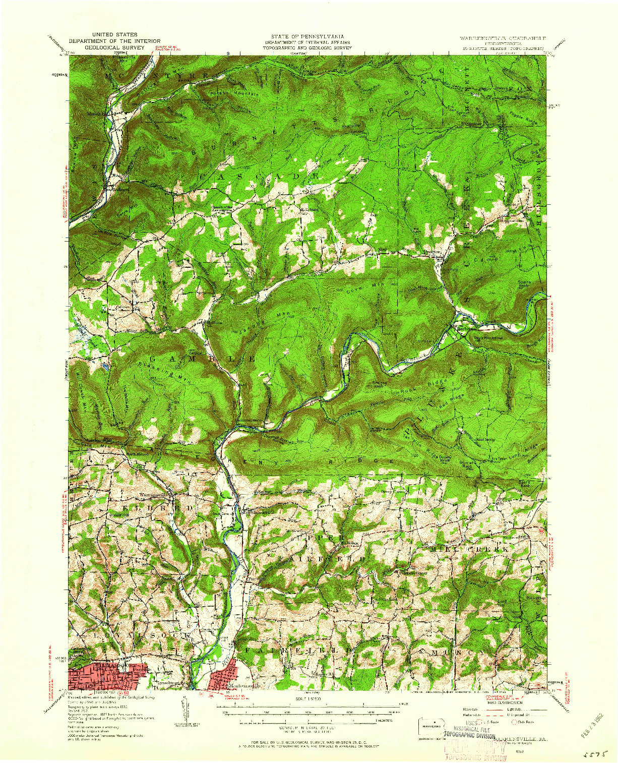 USGS 1:62500-SCALE QUADRANGLE FOR WARRENSVILLE, PA 1953