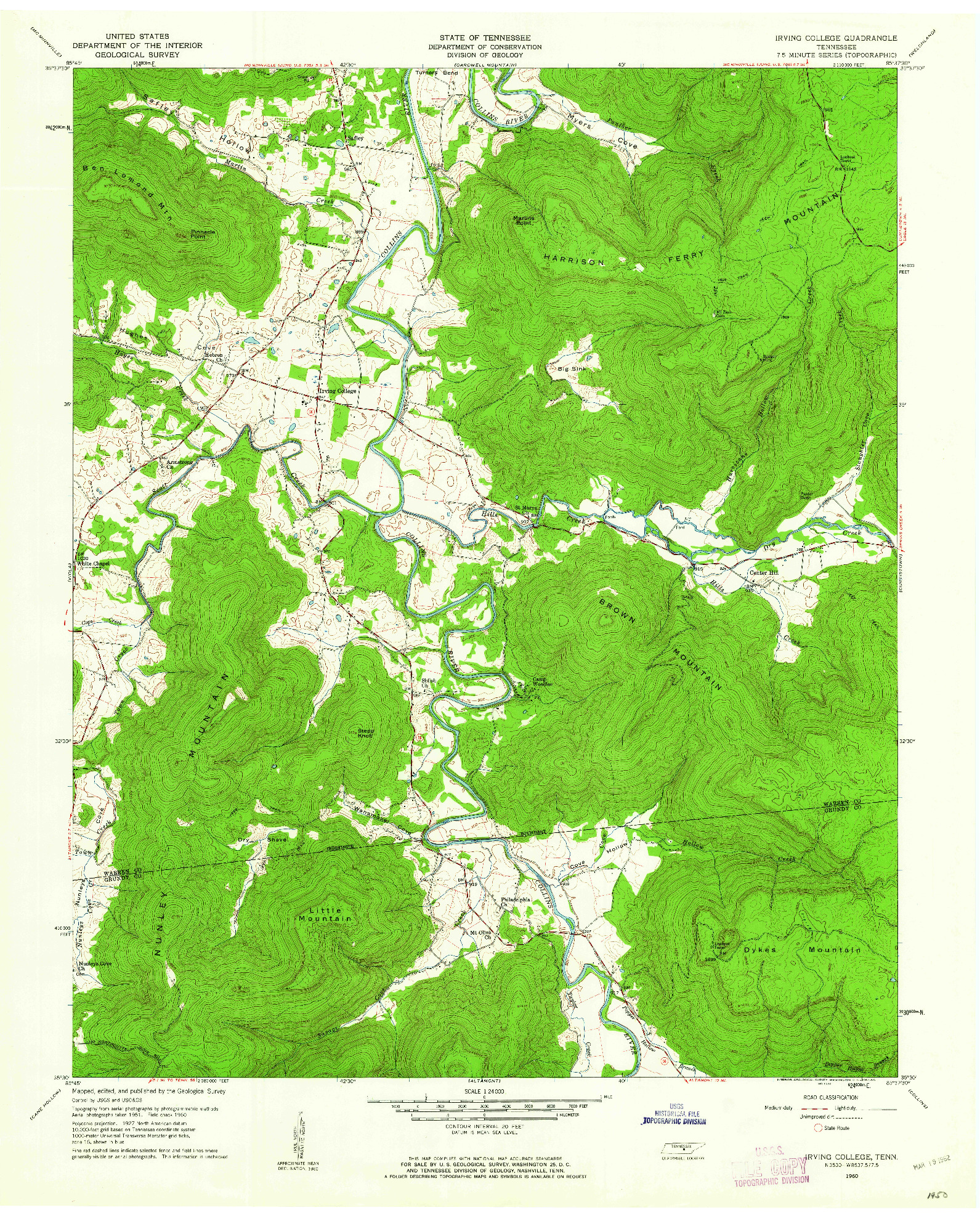 USGS 1:24000-SCALE QUADRANGLE FOR IRVING COLLEGE, TN 1960