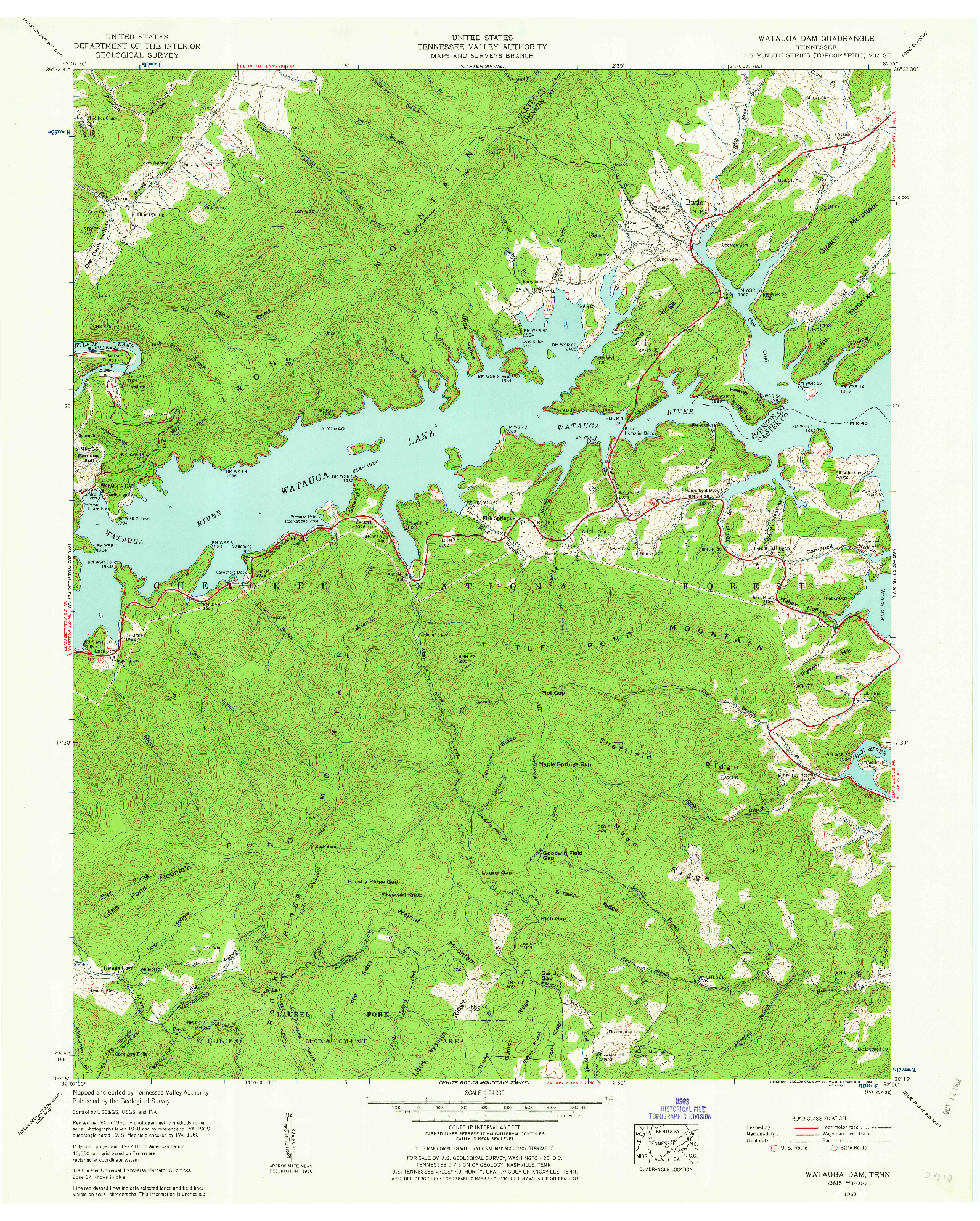 USGS 1:24000-SCALE QUADRANGLE FOR WATAUGA DAM, TN 1960