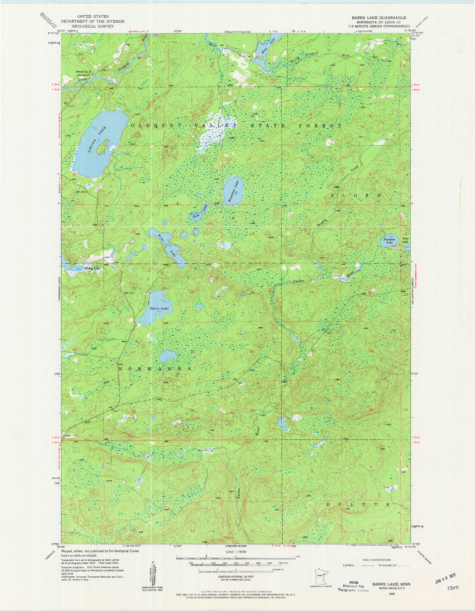 USGS 1:24000-SCALE QUADRANGLE FOR BARRS LAKE, MN 1954