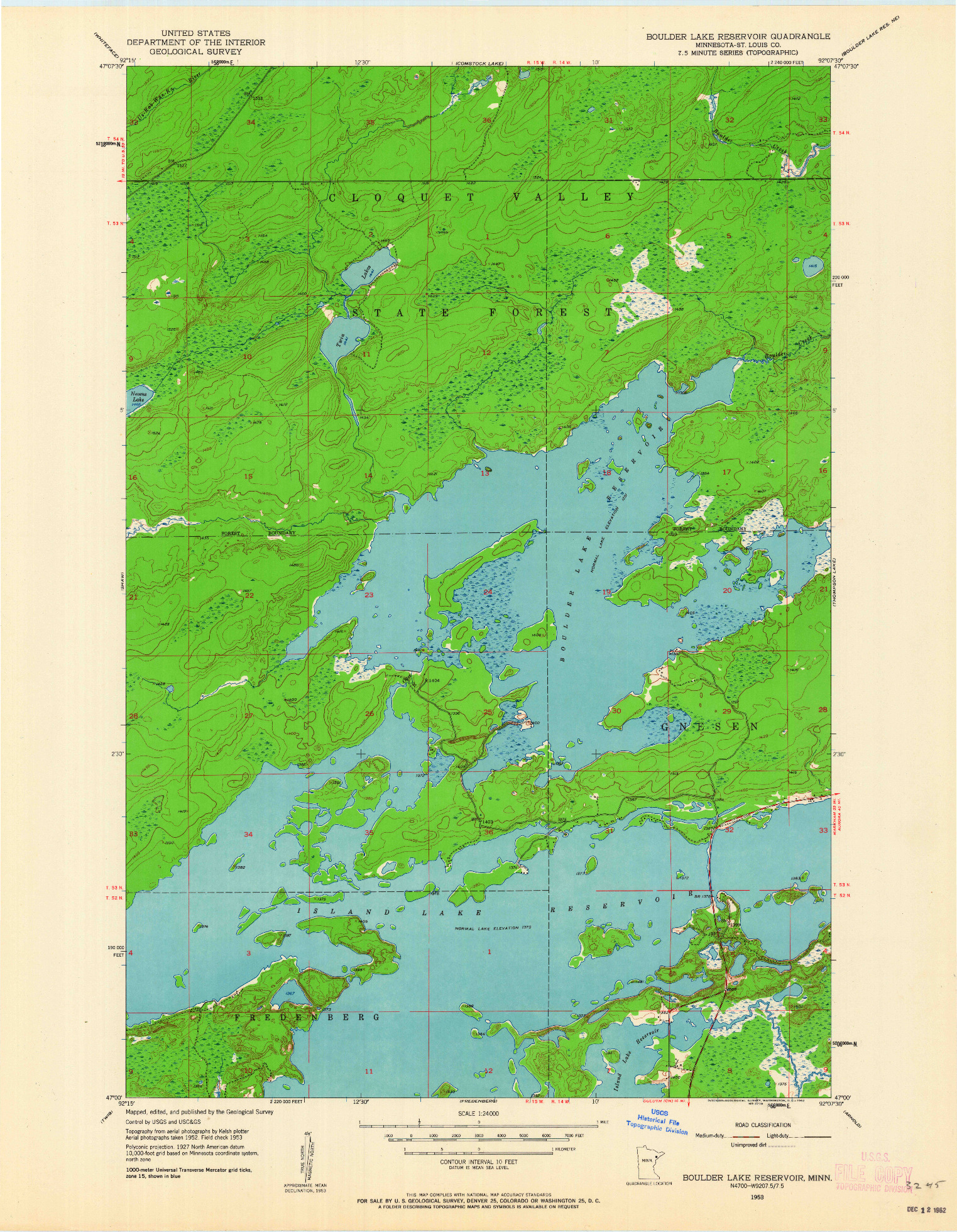 USGS 1:24000-SCALE QUADRANGLE FOR BOULDER LAKE RESERVOIR, MN 1953
