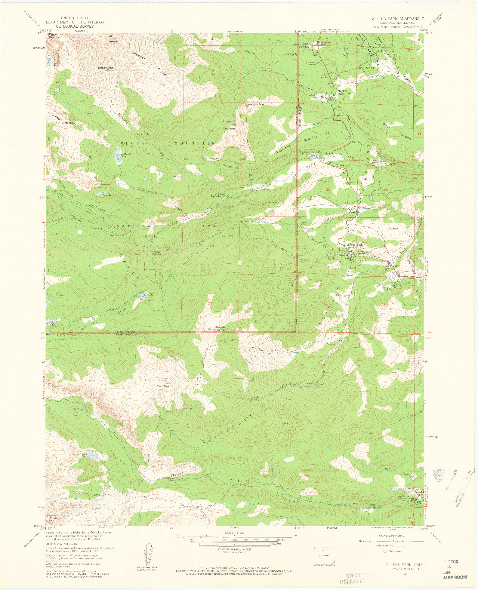 USGS 1:24000-SCALE QUADRANGLE FOR ALLENS PARK, CO 1957