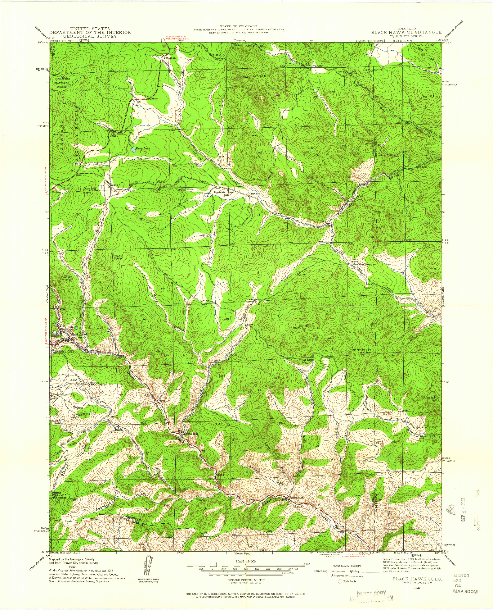 USGS 1:24000-SCALE QUADRANGLE FOR BLACK HAWK, CO 1942