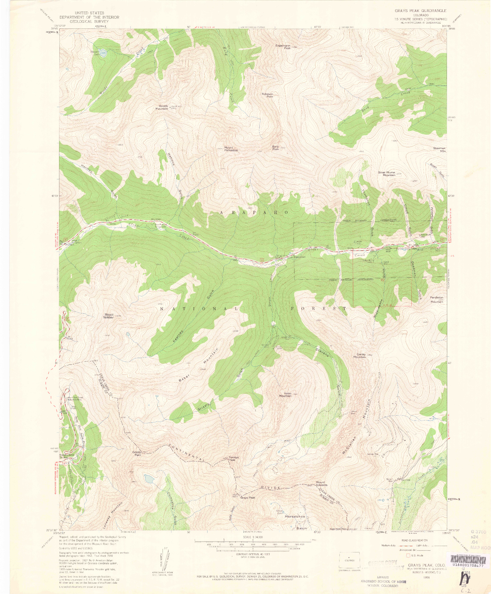 USGS 1:24000-SCALE QUADRANGLE FOR GRAYS PEAK, CO 1958