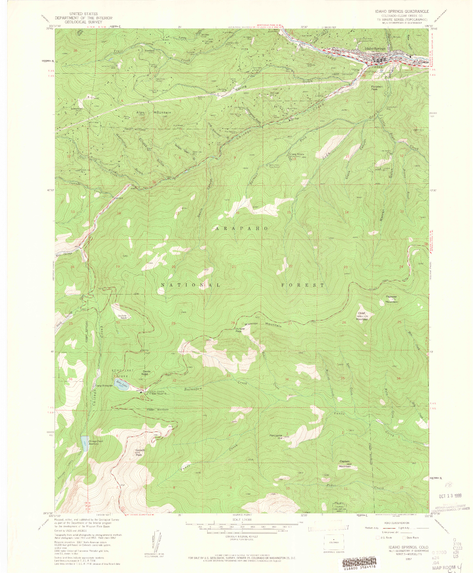 USGS 1:24000-SCALE QUADRANGLE FOR IDAHO SPRINGS, CO 1957