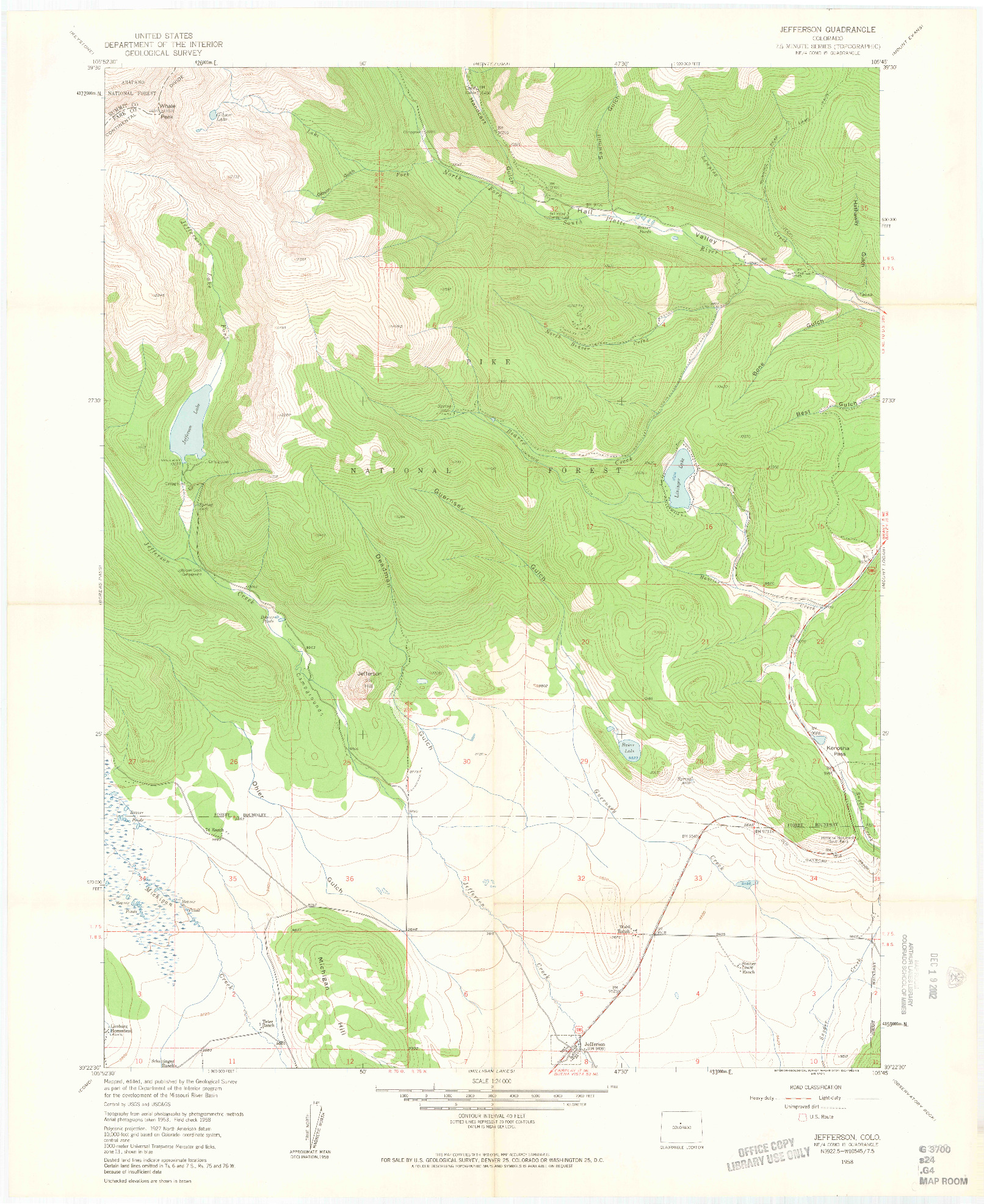 USGS 1:24000-SCALE QUADRANGLE FOR JEFFERSON, CO 1958