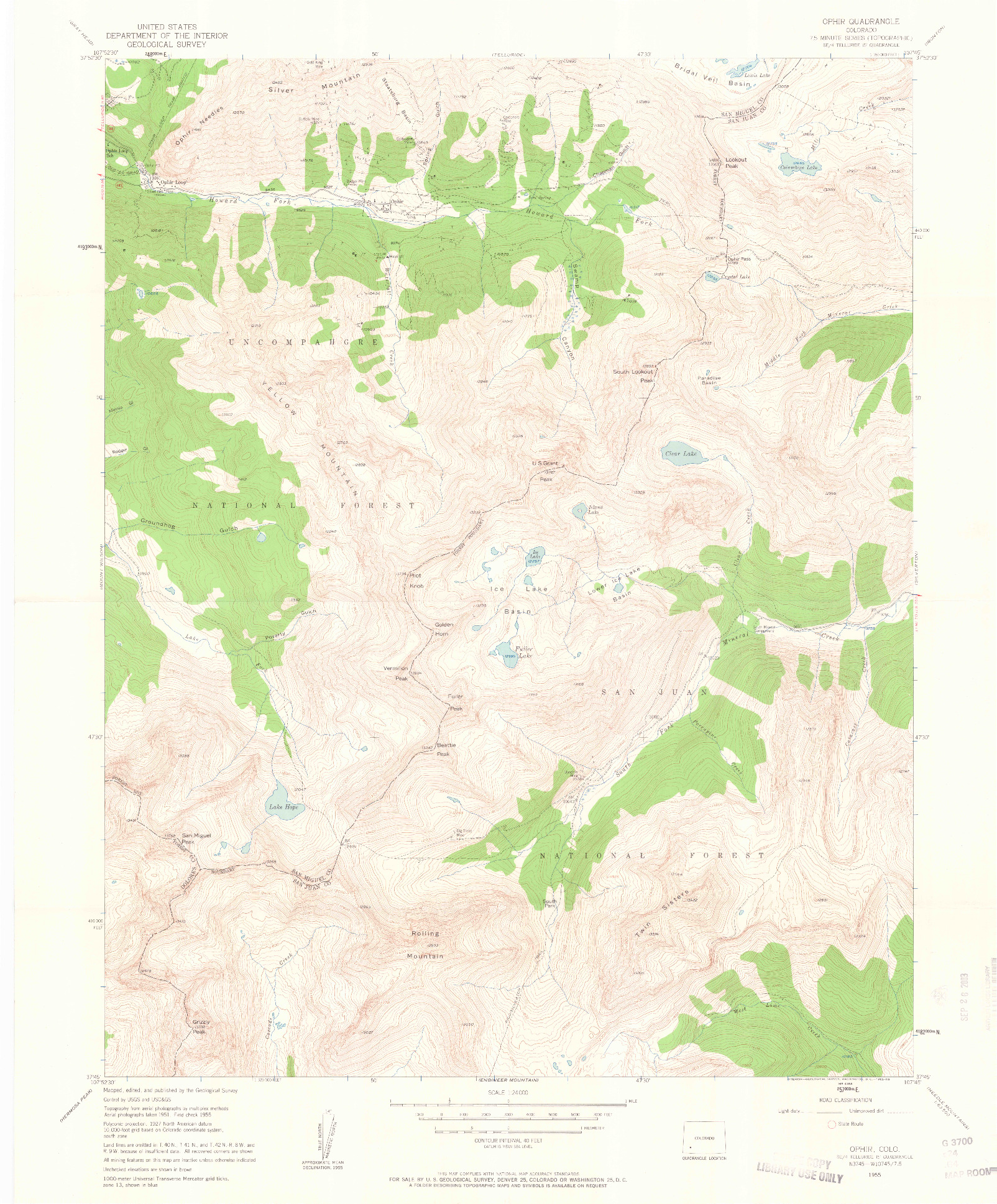 USGS 1:24000-SCALE QUADRANGLE FOR OPHIR, CO 1955