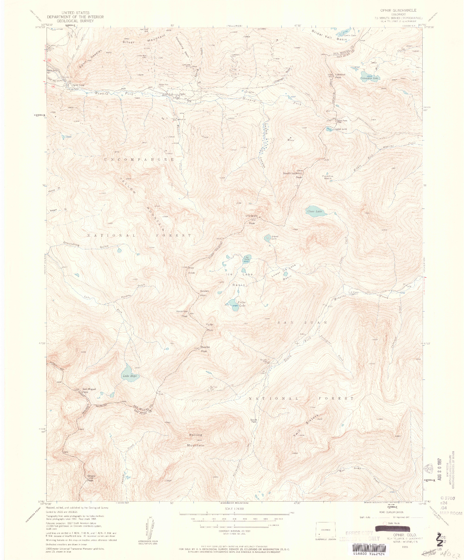 USGS 1:24000-SCALE QUADRANGLE FOR OPHIR, CO 1955