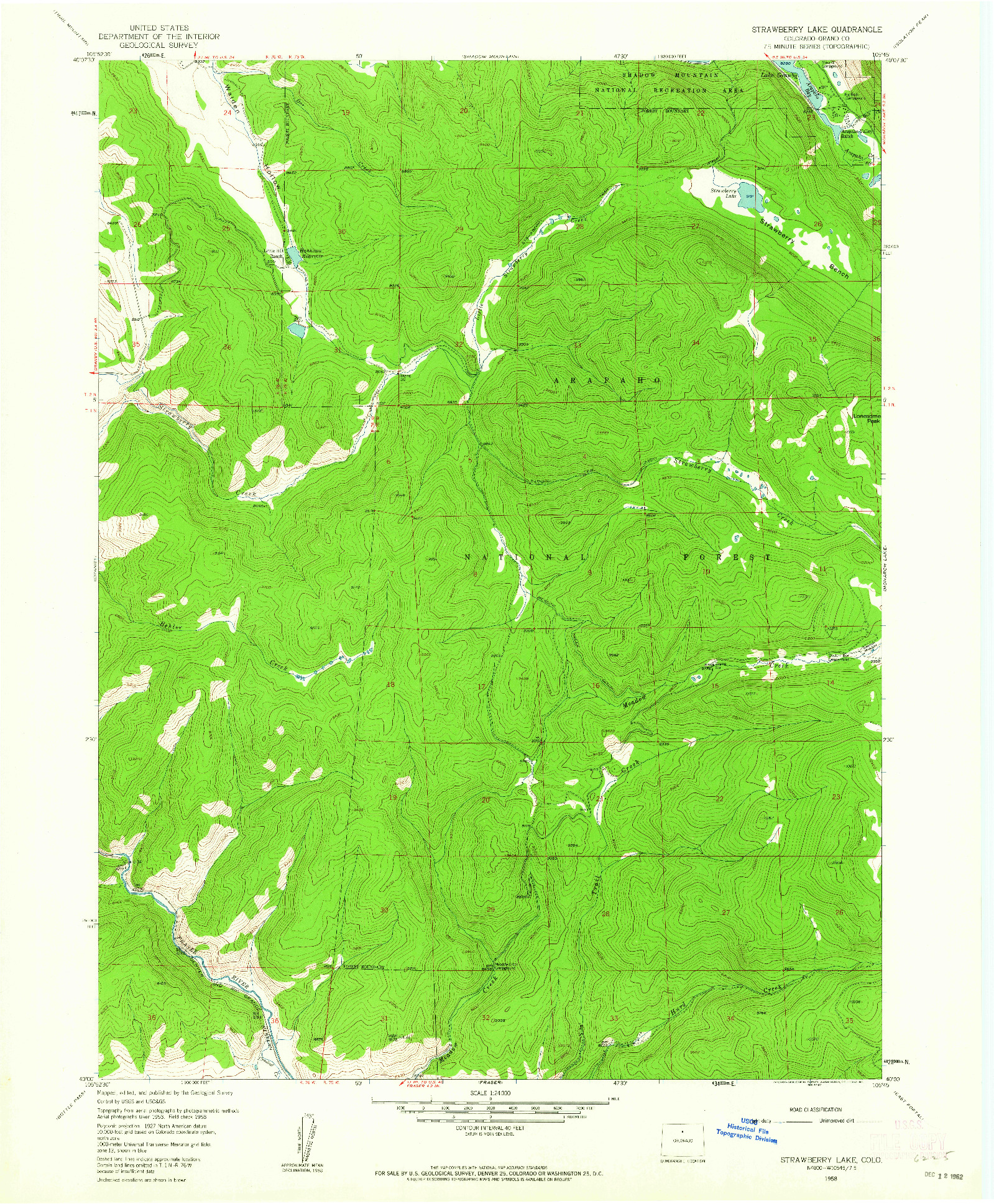 USGS 1:24000-SCALE QUADRANGLE FOR STRAWBERRY LAKE, CO 1958