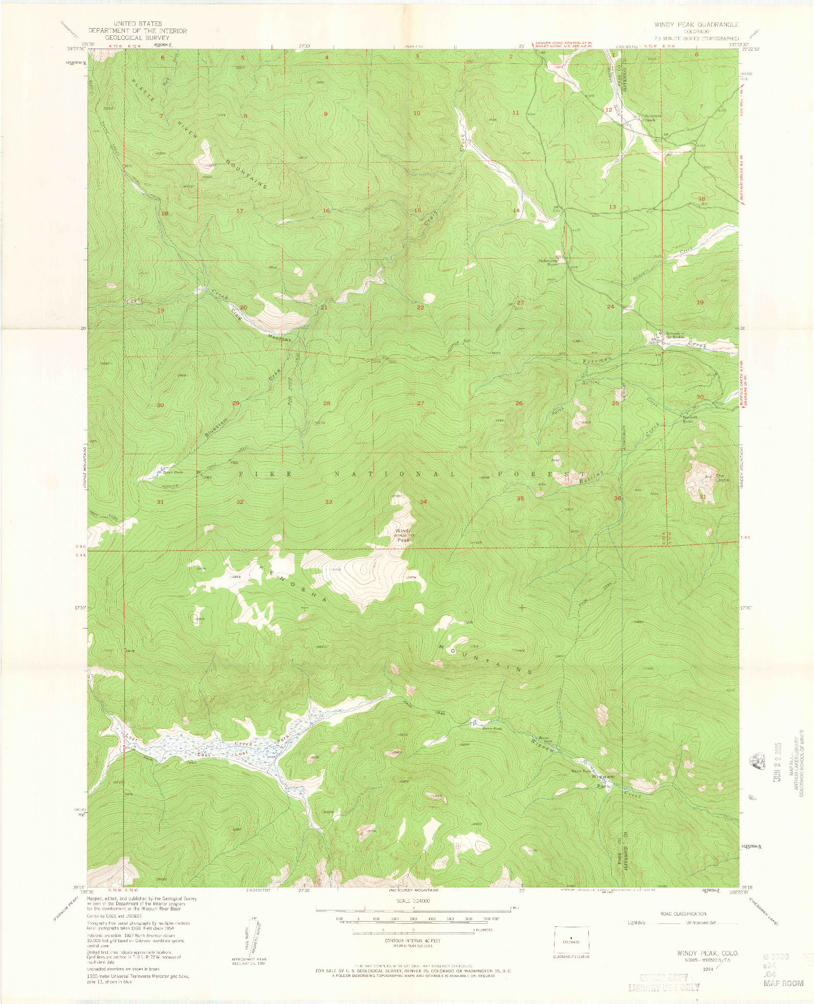 USGS 1:24000-SCALE QUADRANGLE FOR WINDY PEAK, CO 1954