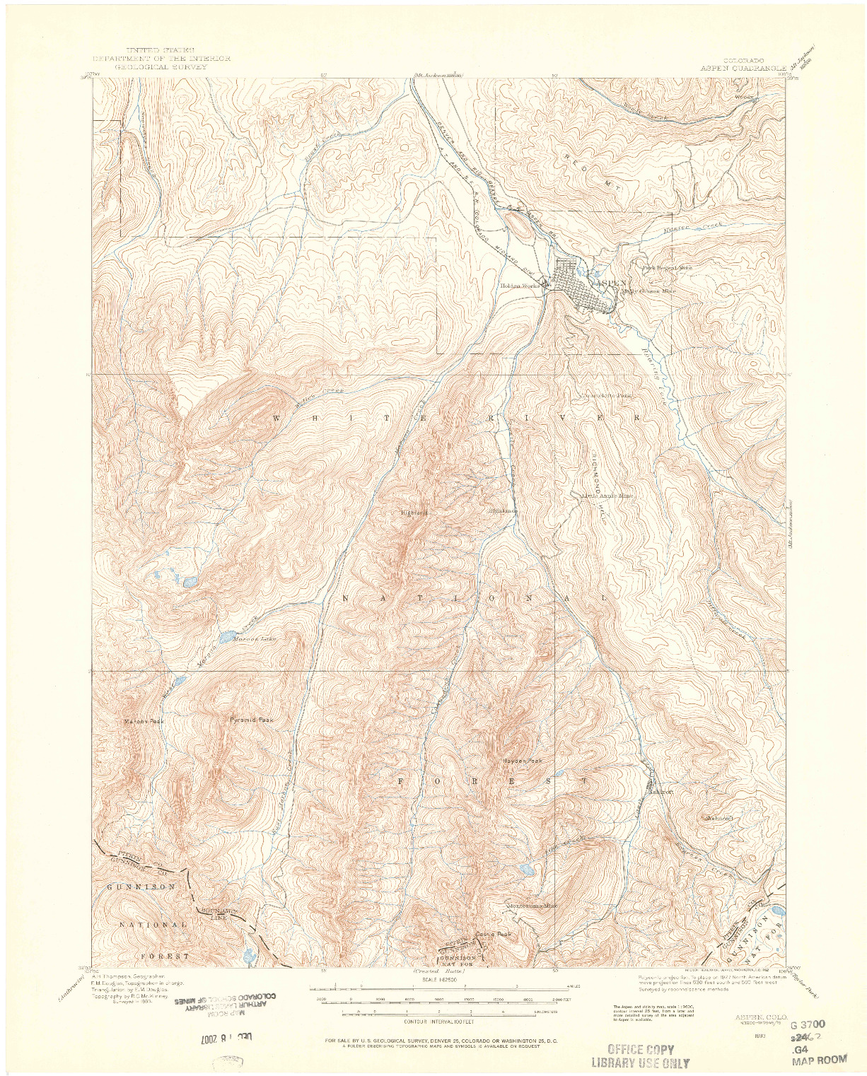 USGS 1:62500-SCALE QUADRANGLE FOR ASPEN, CO 1893