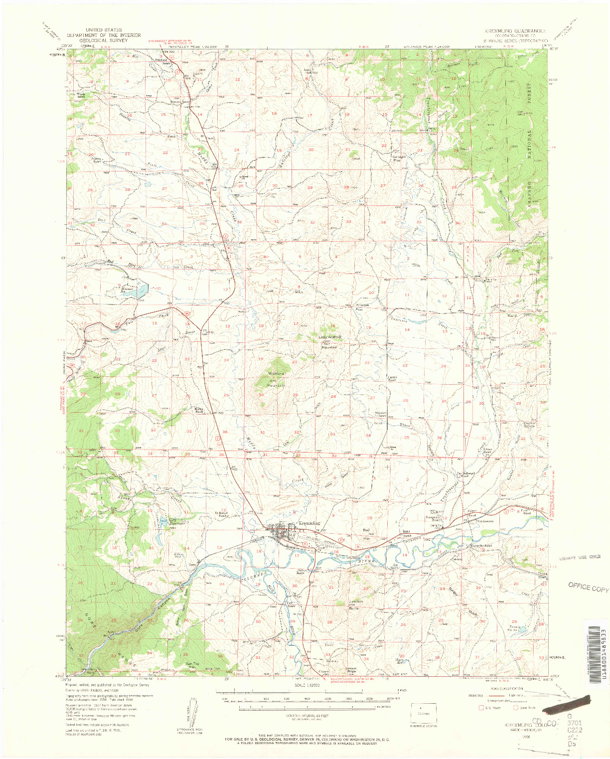 USGS 1:62500-SCALE QUADRANGLE FOR KREMMLING, CO 1956