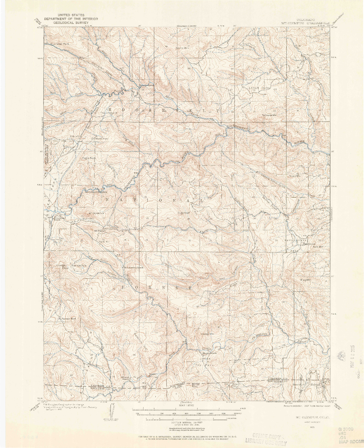 USGS 1:62500-SCALE QUADRANGLE FOR MOUNT OLYMPUS, CO 1905