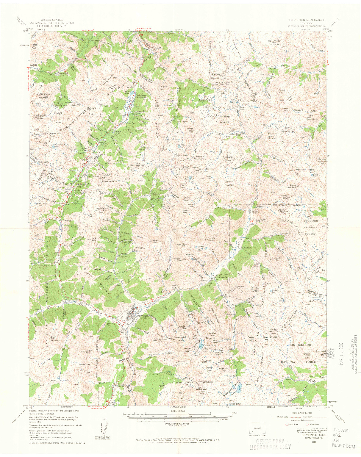 USGS 1:62500-SCALE QUADRANGLE FOR SILVERTON, CO 1955