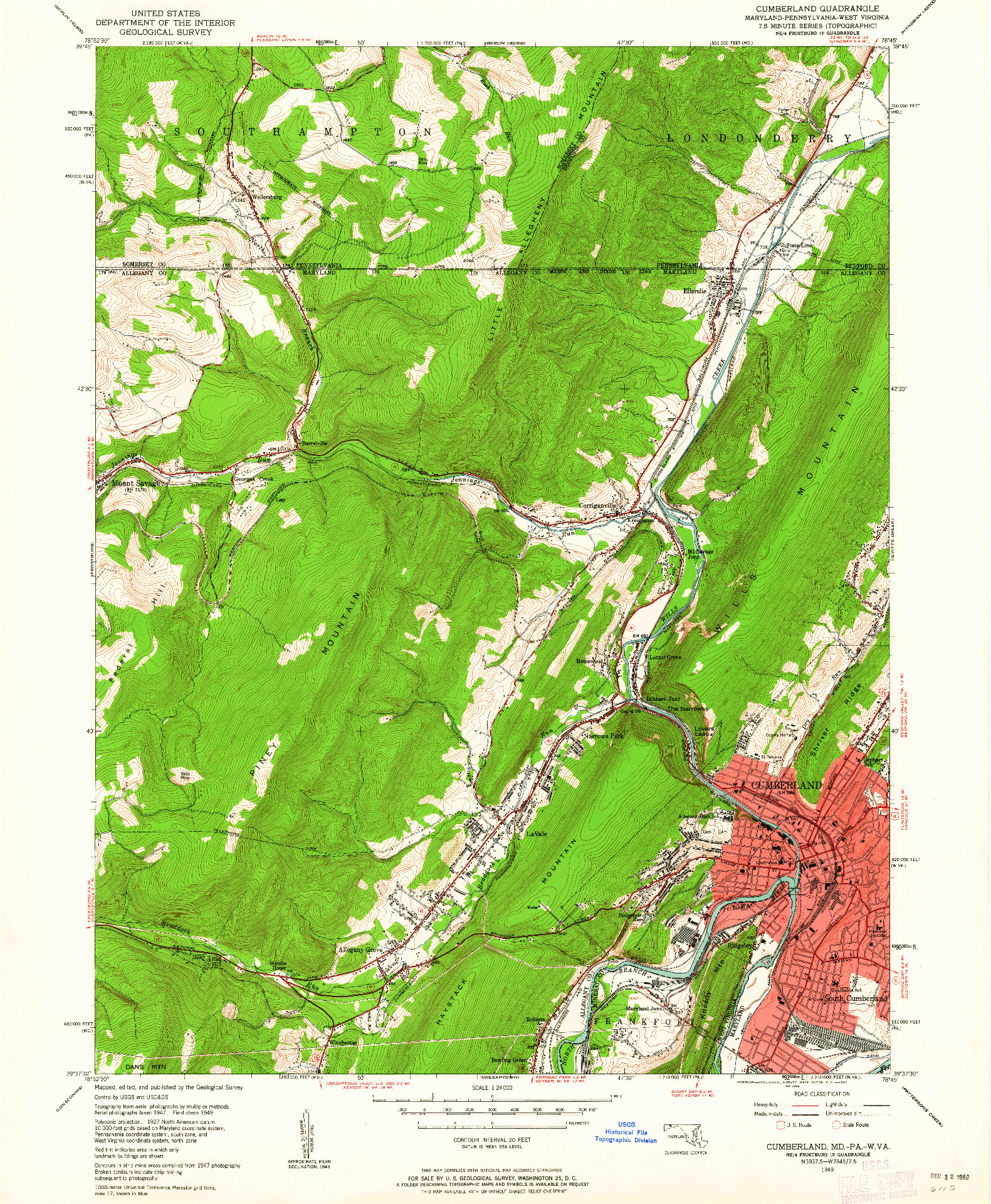 USGS 1:24000-SCALE QUADRANGLE FOR CUMBERLAND, MD 1949