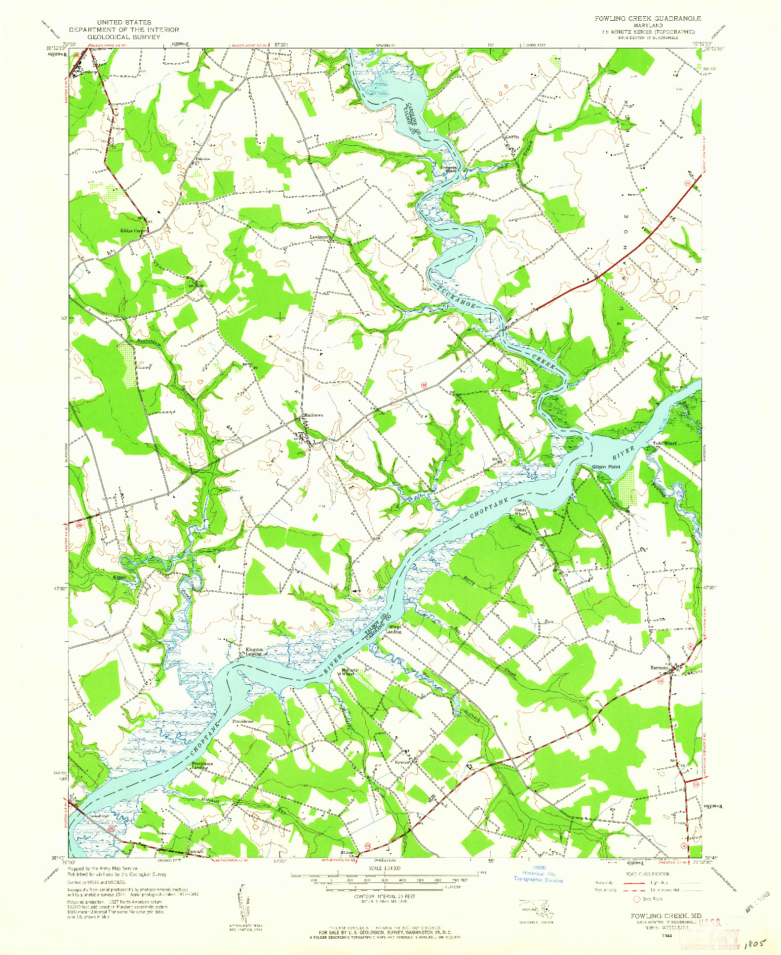 USGS 1:24000-SCALE QUADRANGLE FOR FOWLING CREEK, MD 1944