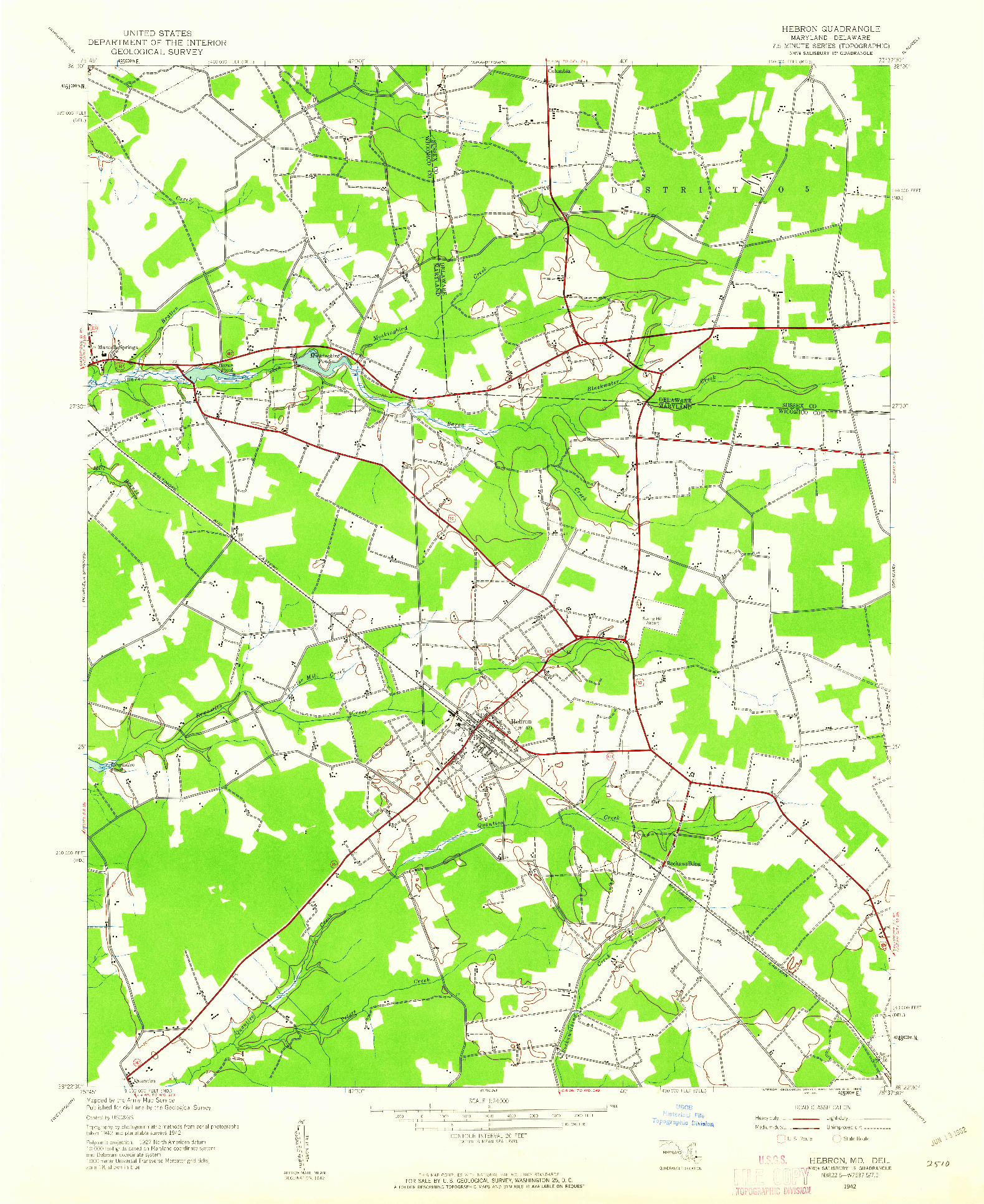 USGS 1:24000-SCALE QUADRANGLE FOR HEBRON, MD 1942