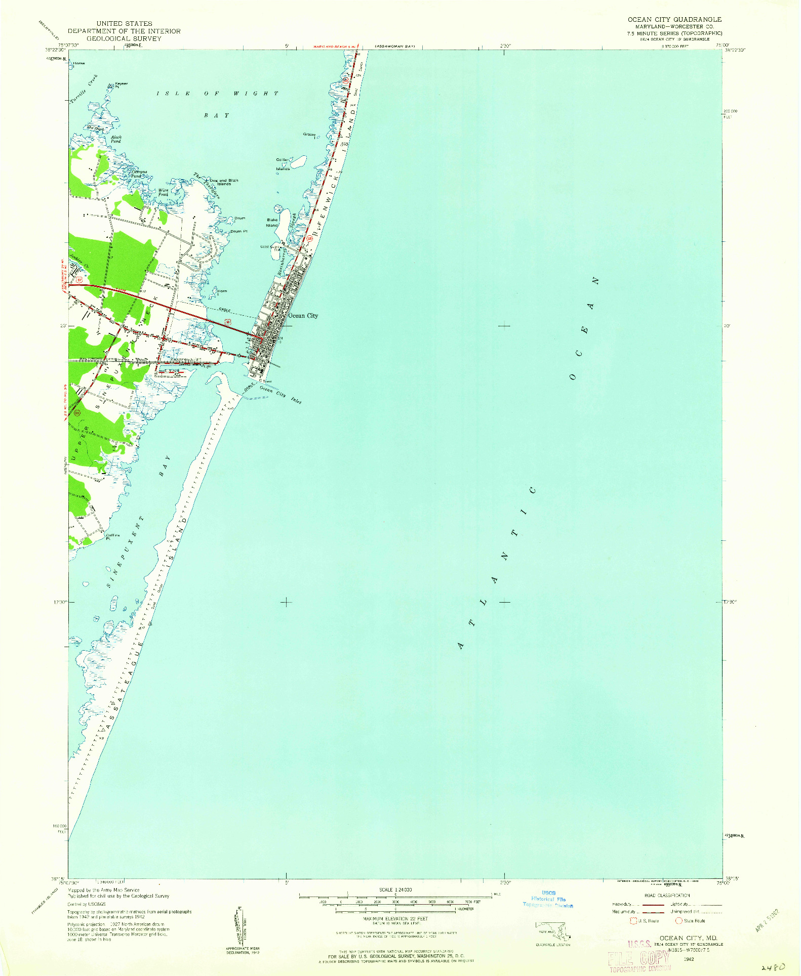 USGS 1:24000-SCALE QUADRANGLE FOR OCEAN CITY, MD 1942