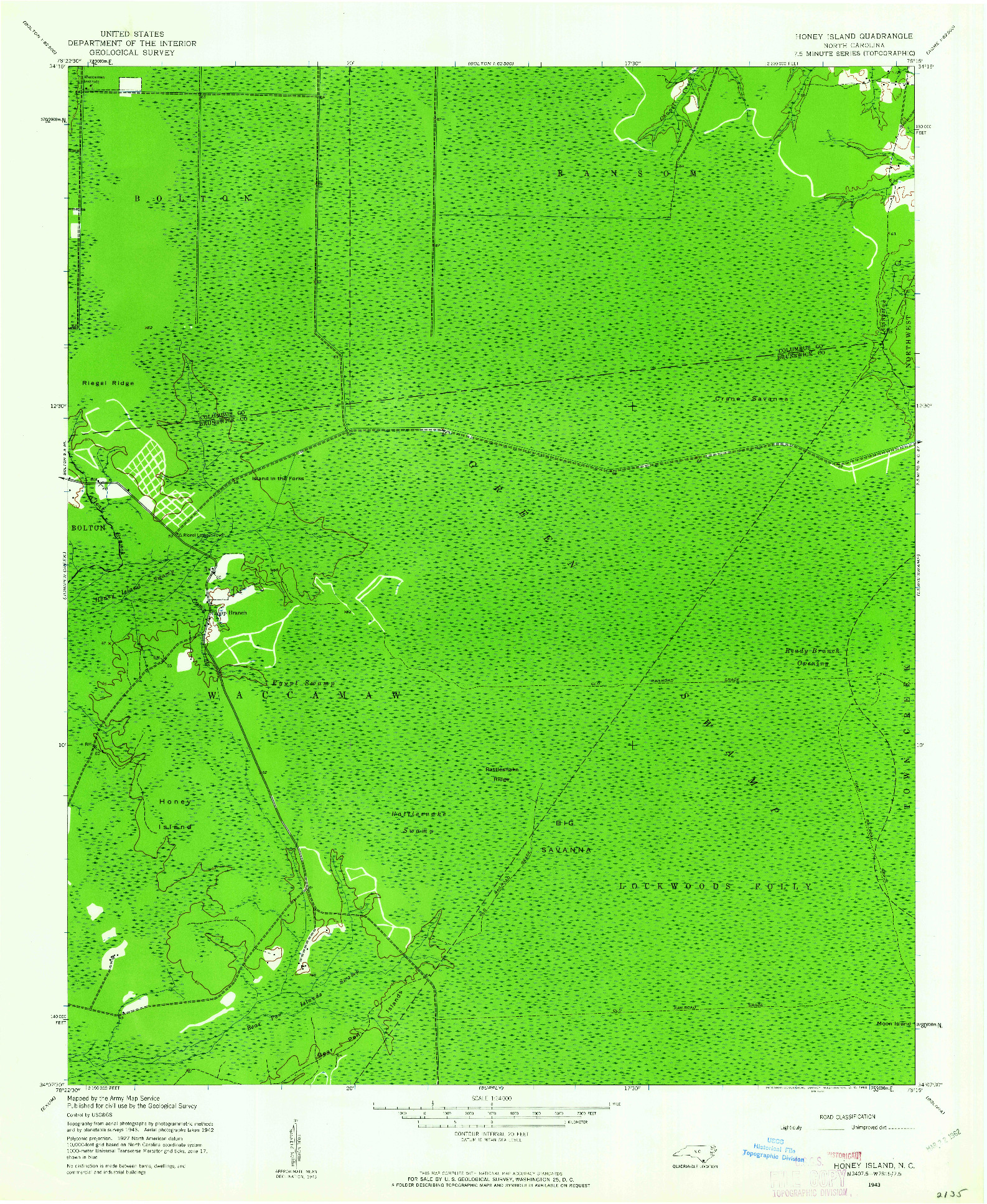USGS 1:24000-SCALE QUADRANGLE FOR HONEY ISLAND, NC 1943