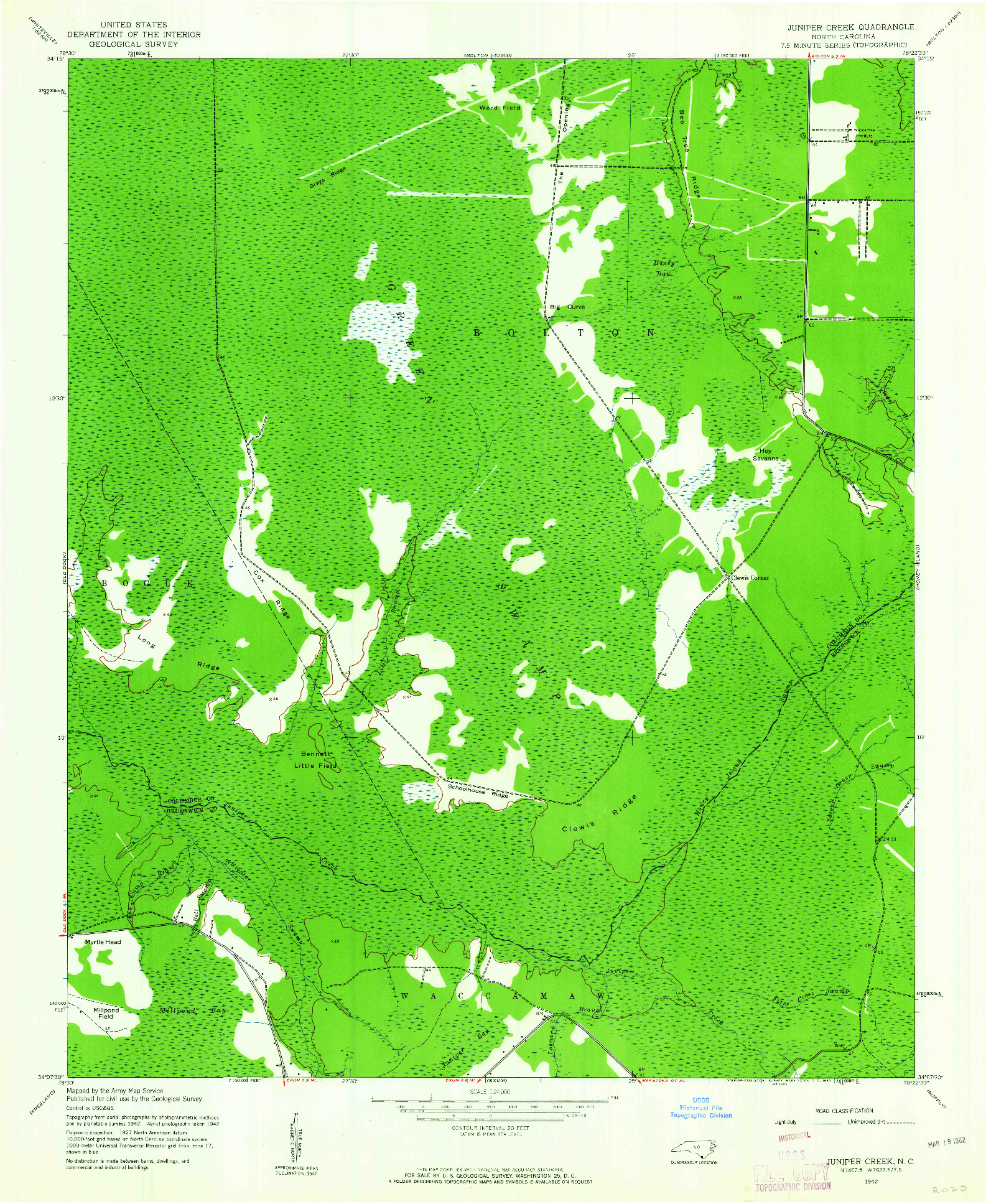 USGS 1:24000-SCALE QUADRANGLE FOR JUNIPER CREEK, NC 1942