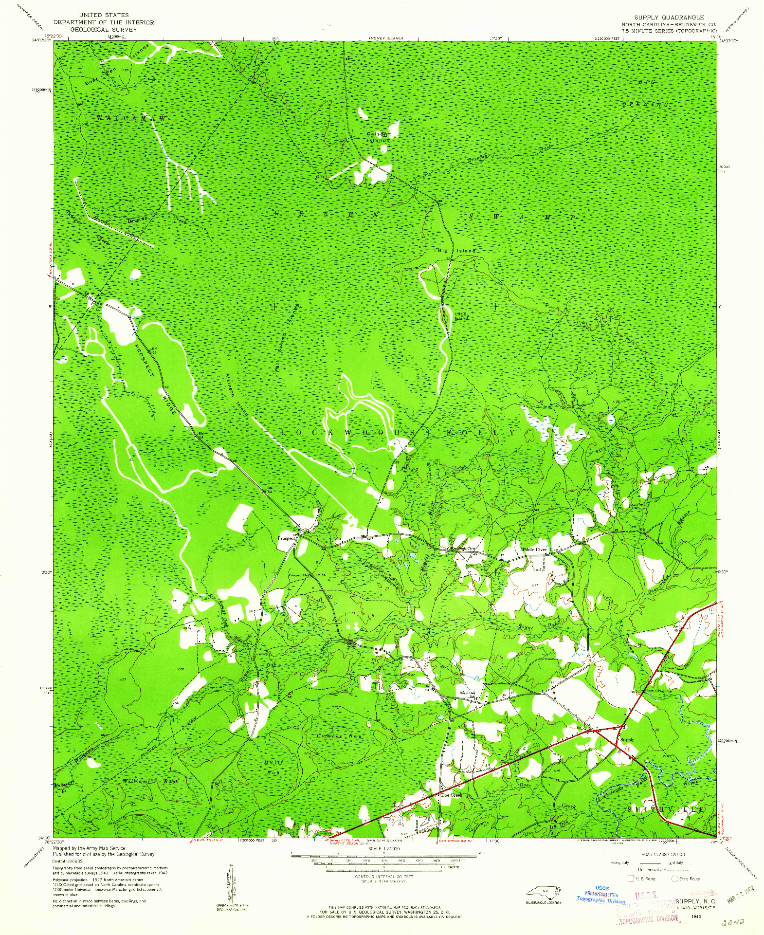 USGS 1:24000-SCALE QUADRANGLE FOR SUPPLY, NC 1943