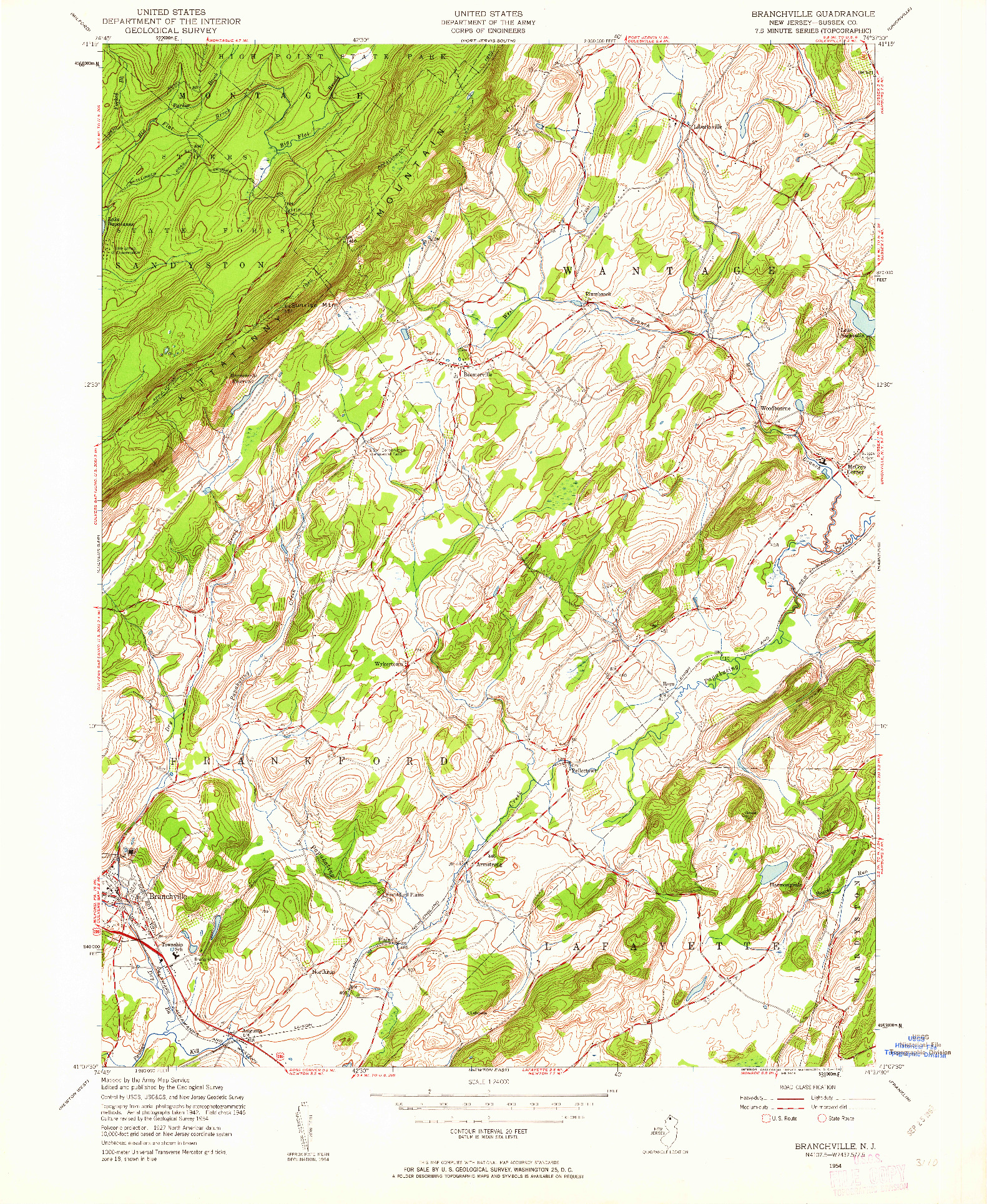 USGS 1:24000-SCALE QUADRANGLE FOR BRANCHVILLE, NJ 1954