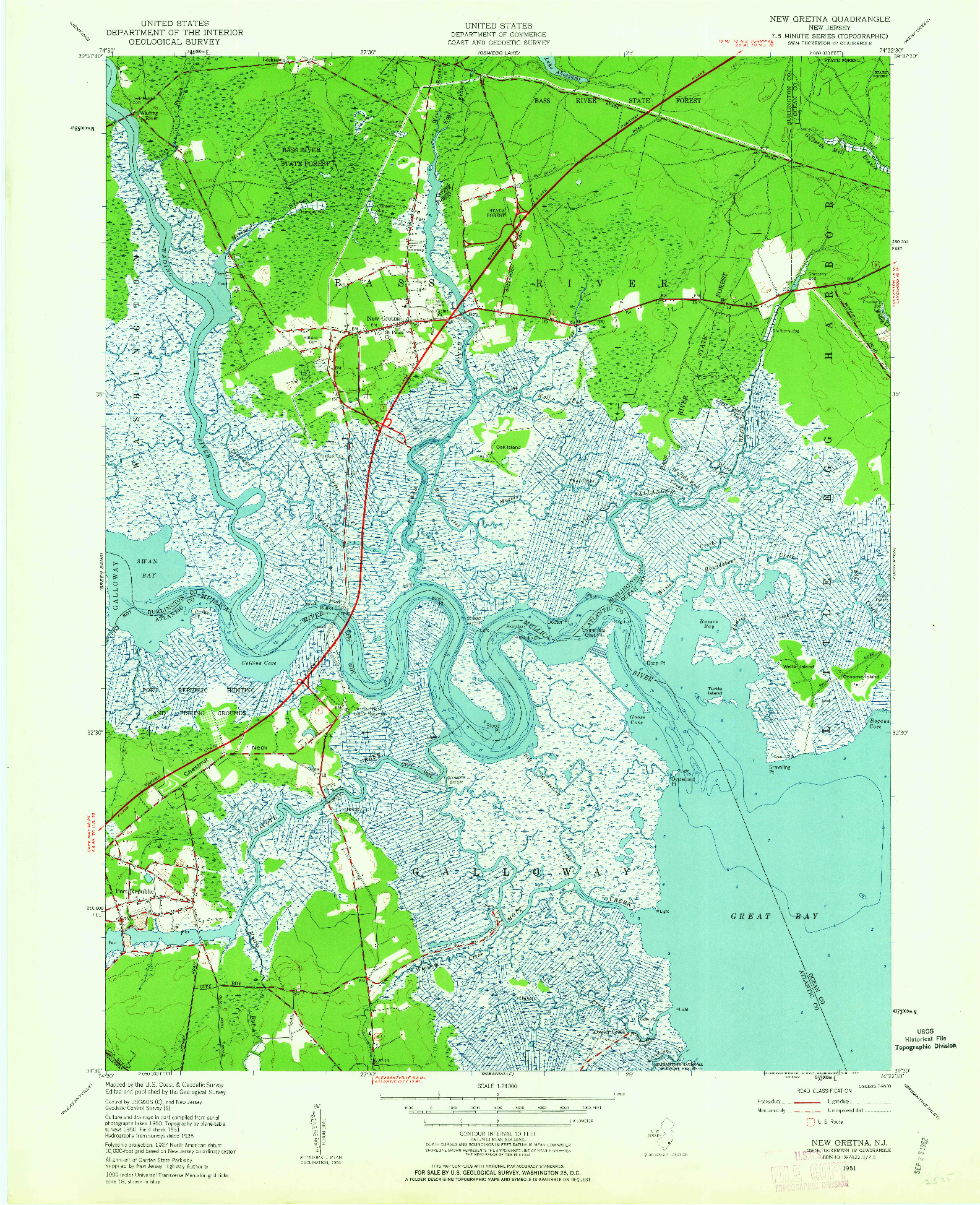 USGS 1:24000-SCALE QUADRANGLE FOR NEW GRETNA, NJ 1951