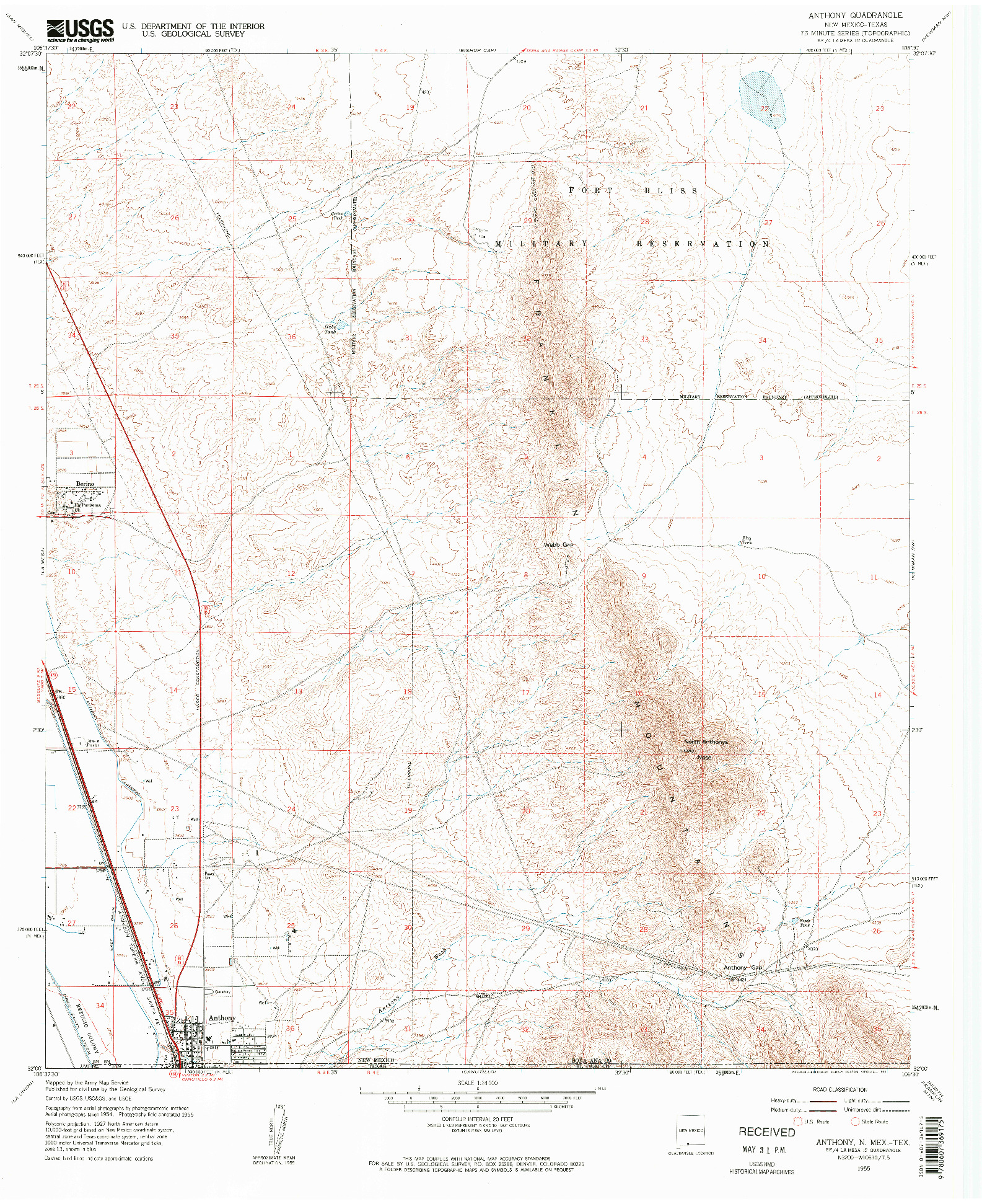 USGS 1:24000-SCALE QUADRANGLE FOR ANTHONY, NM 1955