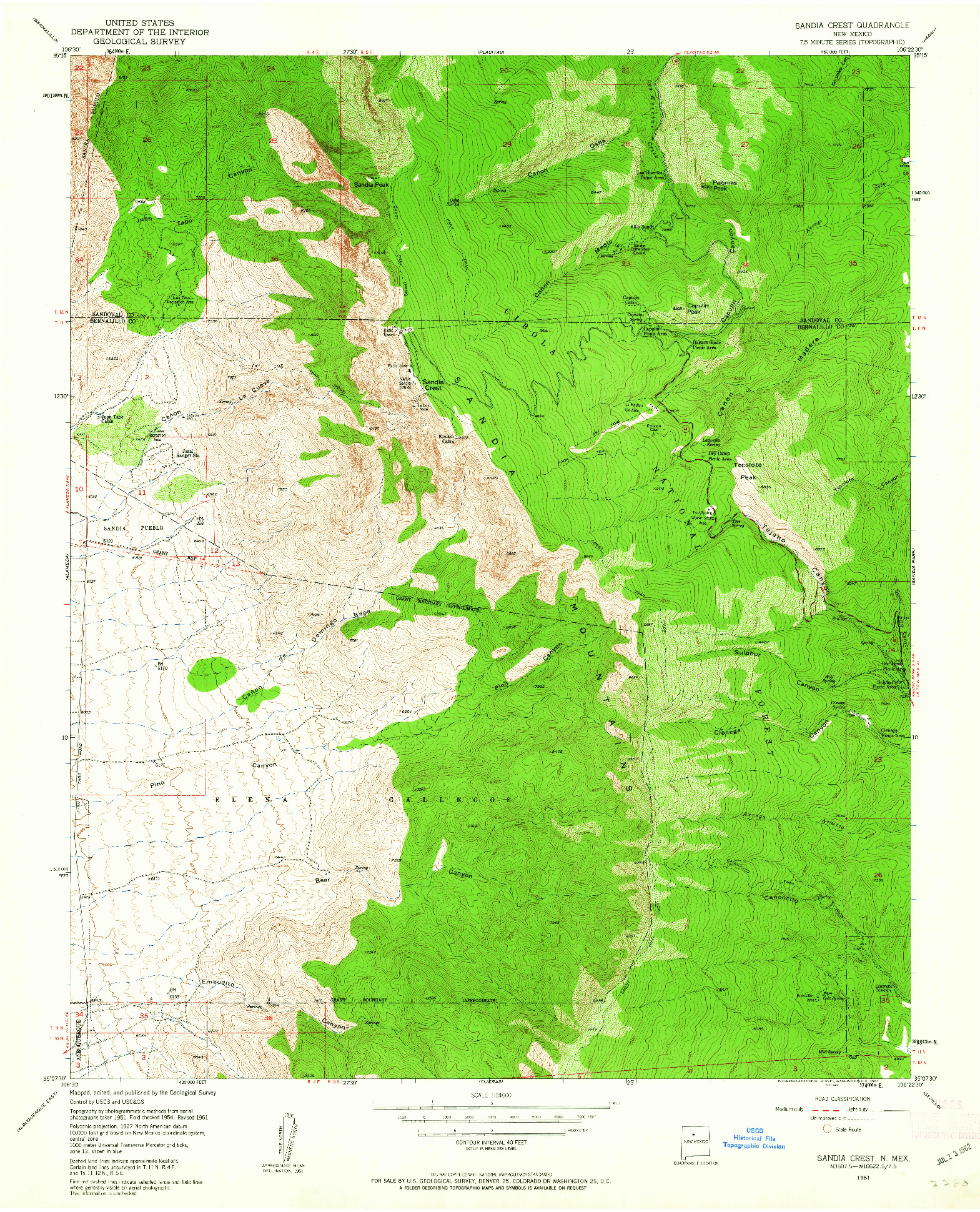 USGS 1:24000-SCALE QUADRANGLE FOR SANDIA CREST, NM 1961