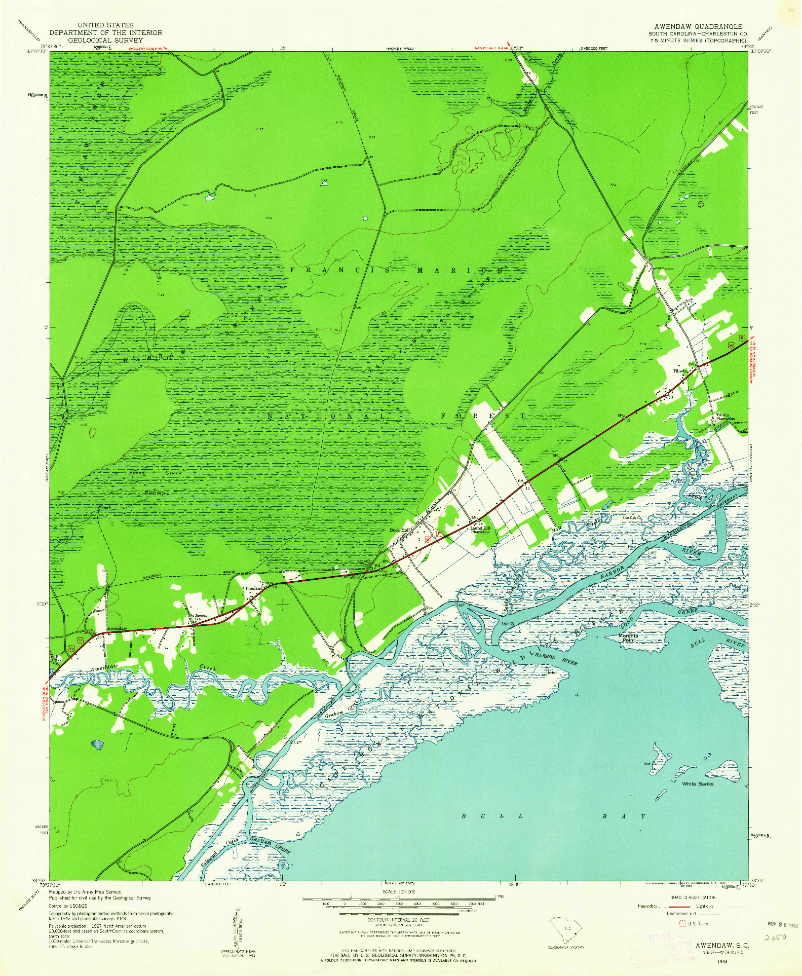 USGS 1:24000-SCALE QUADRANGLE FOR AWENDAW, SC 1943