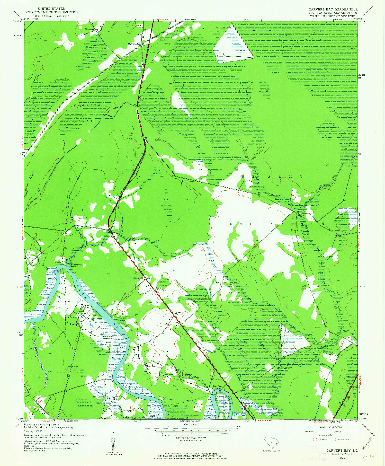 USGS 1:24000-SCALE QUADRANGLE FOR CARVERS BAY, SC 1943