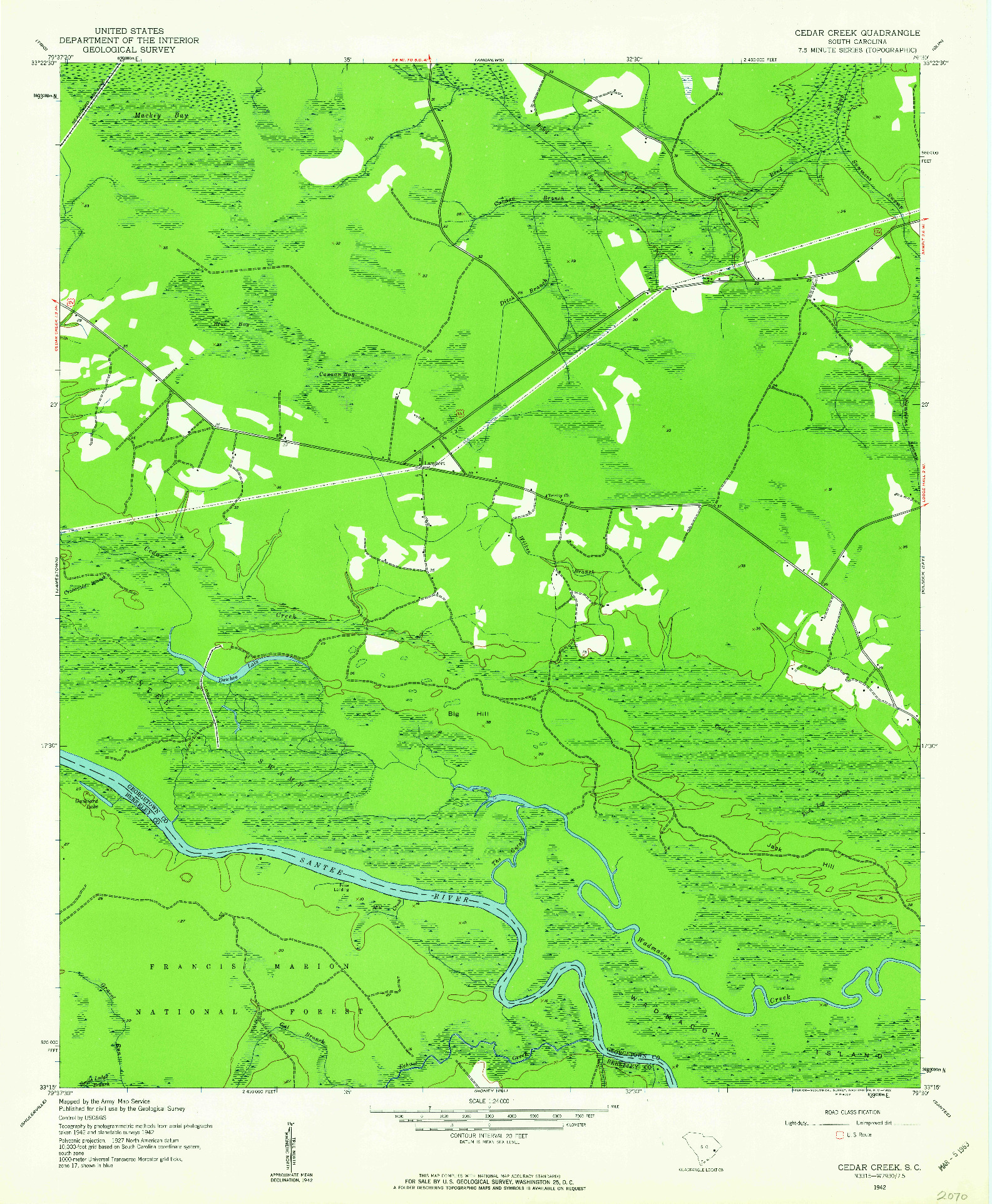 USGS 1:24000-SCALE QUADRANGLE FOR CEDAR CREEK, SC 1942