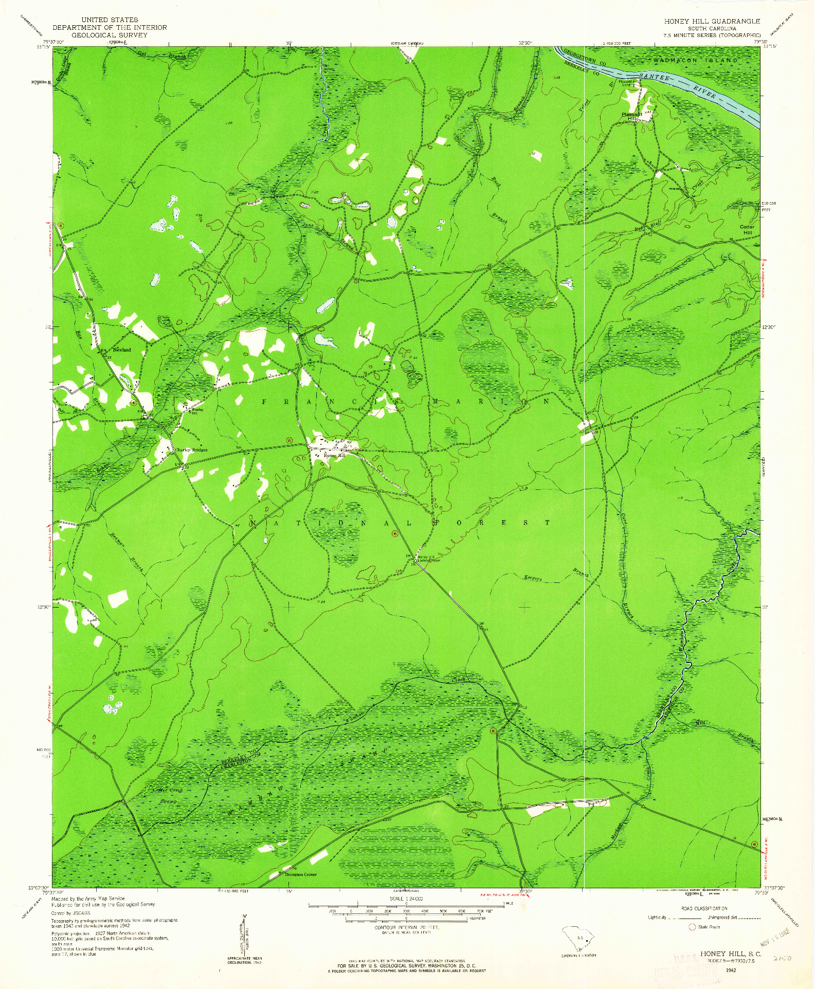 USGS 1:24000-SCALE QUADRANGLE FOR HONEY HILL, SC 1942